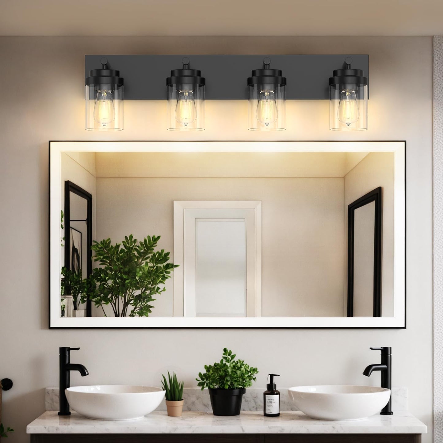 Izorro Bathroom Vanity Light Fixture 4-Light 27.5 Inch Matte Black Bathroom Light Fixtures Over Mirror With Clear Glass Shade Modern Farmhouse Vanity Lights Rustic Restroom Lighting Fixtures