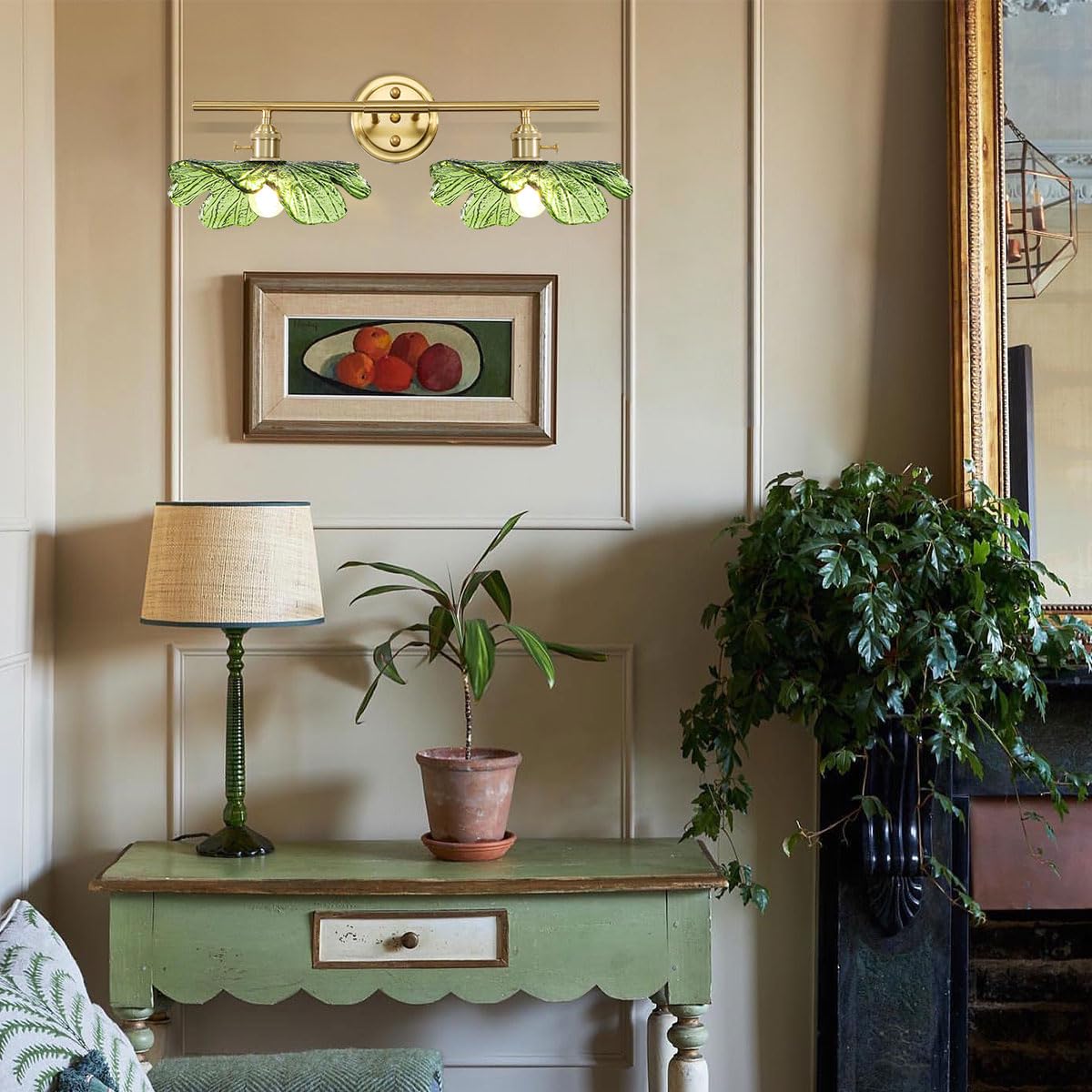 Auwieou 2 Light Bathroom Lighting Fixtures Over Mirror Vintage Wall Sconces With Glass Shade Green Vanity Lights Mid Century Wall Sconce Light Gold Wall Lighting For Bedroom Living Room Hallway