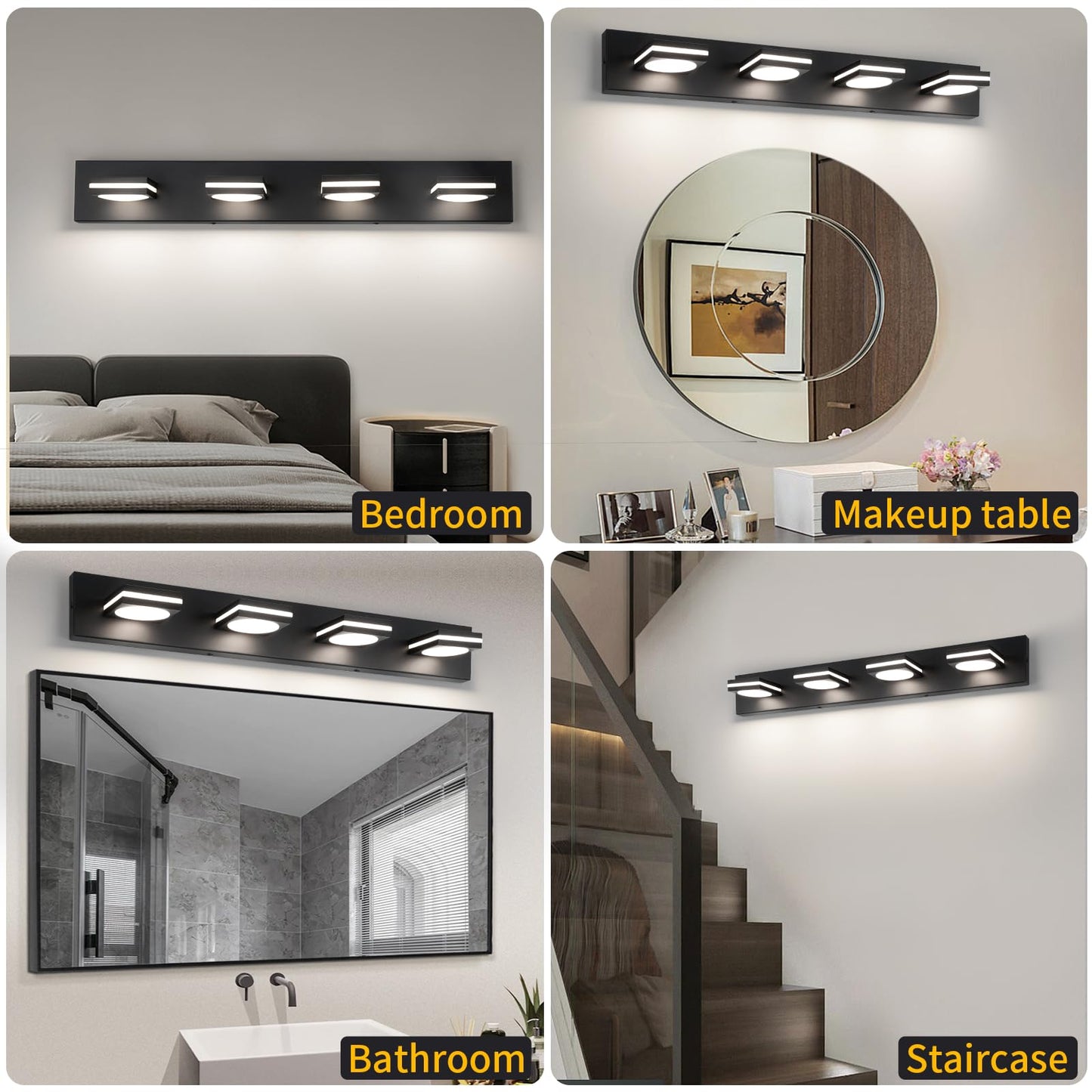 Okeli 4-Light Led Bathroom Vanity Light Fixtures Matte Black Modern Bathroom Wall Lighting Fixtures Over Mirror (3Cct 3000K-6000K)