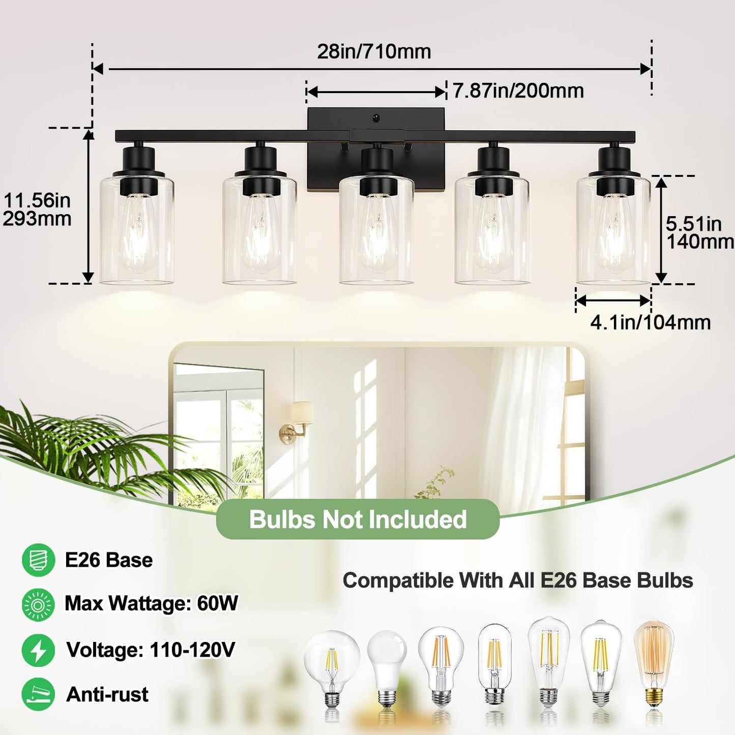 5-Light Bathroom Light Fixtures Matte Black Modern Vanity Lights With Clear Glass Shades Bathroom Vanity Light For Mirror Living Room Cabinet Bedroom Porch