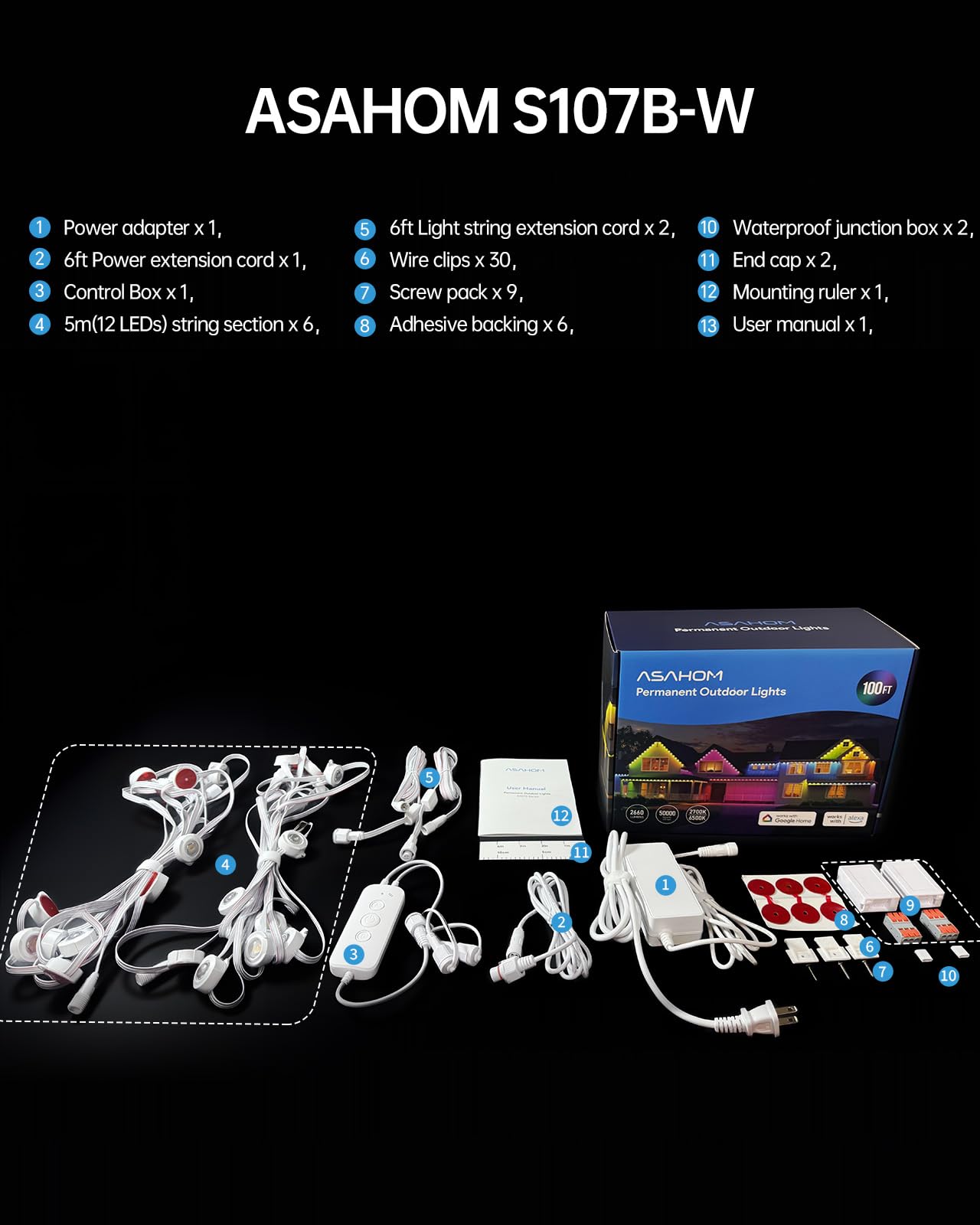 Asahom Ai Permanent Outdoor Lights S107B 100Ft With 72 Rgbcw Led Lights And Dual Output 30 000 Lighting Effect Combination Ip67 Waterproof For House Halloween Christmas And Daily Decoration White