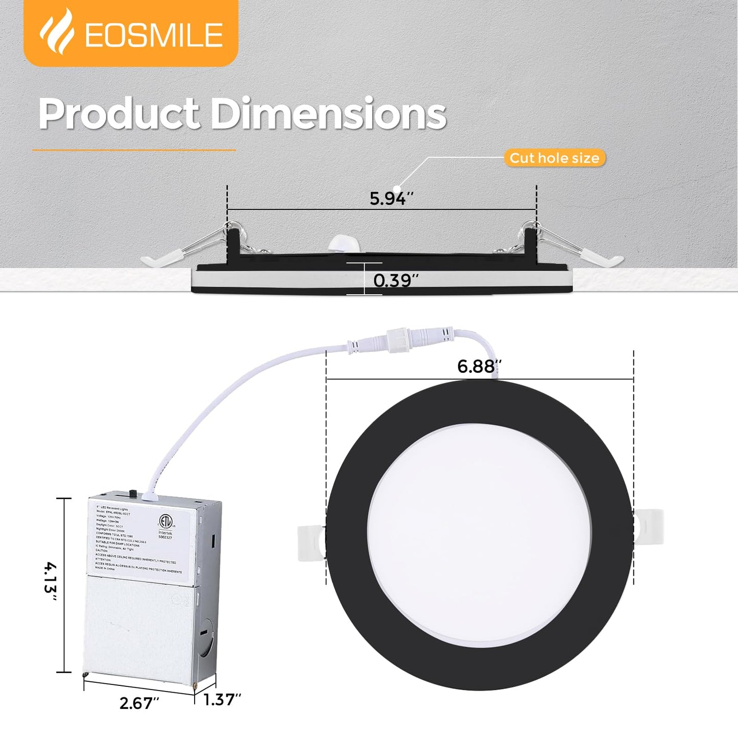 Eosmile 6 Pack Black Recessed Lighting With Night Light 6 Inch 2700K 3000K 3500K 4000K 5000K Selectable Canless Wafer Light 12W 120V 1100Lm Dimmable Etl Fcc