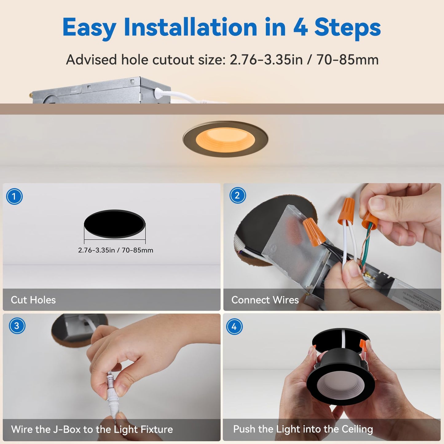 Cycevsun Black 3 Inch Recessed Led Lights Switchable Night Light & Main Light 5 Color Temperatures 2700K-5000K Dimmable Canless Downlight For Cozy Home Lighting 6W/2W Etl 6 Pack
