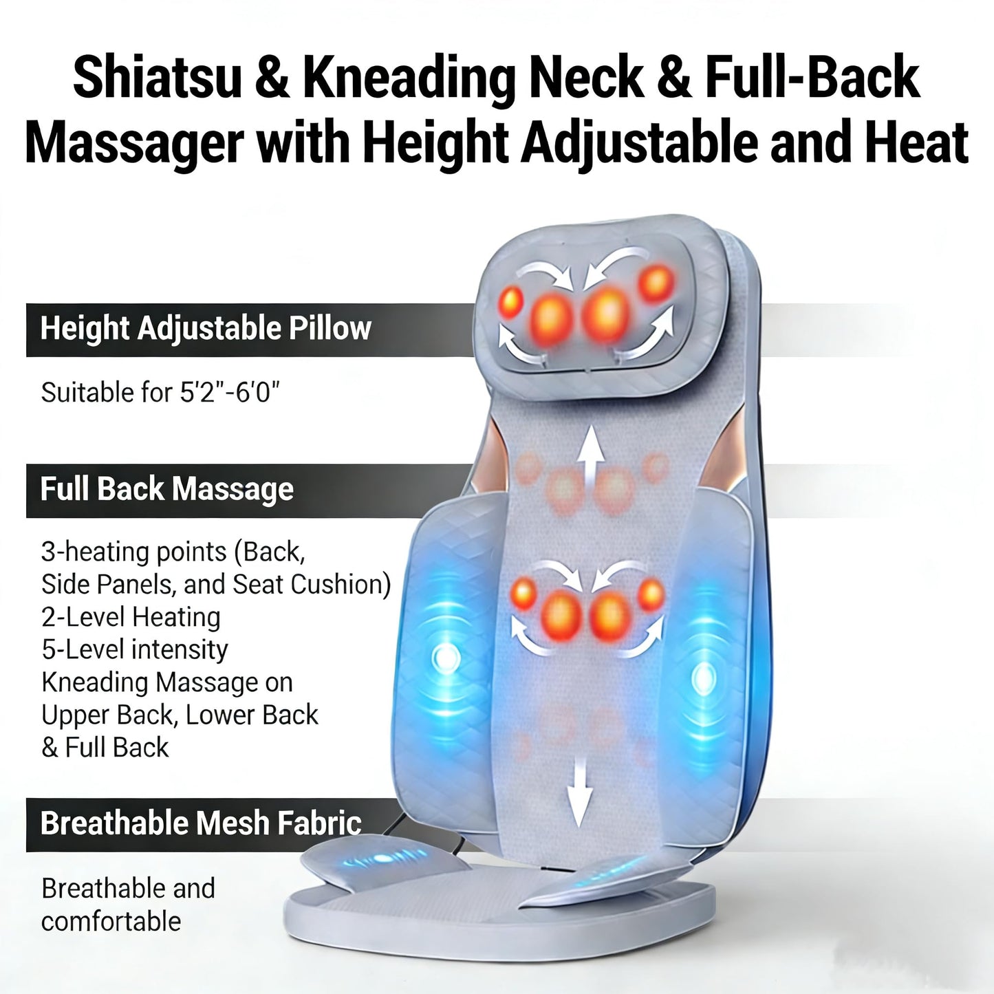 Ethereal Wellness Shiatsu Neck and Back Massager with Heat,35cm Rolling Massage Chair Pad,4D Kneading Cushion with Vibration for Pain Relief,Comfortable Back Massage for Chair,Office Home