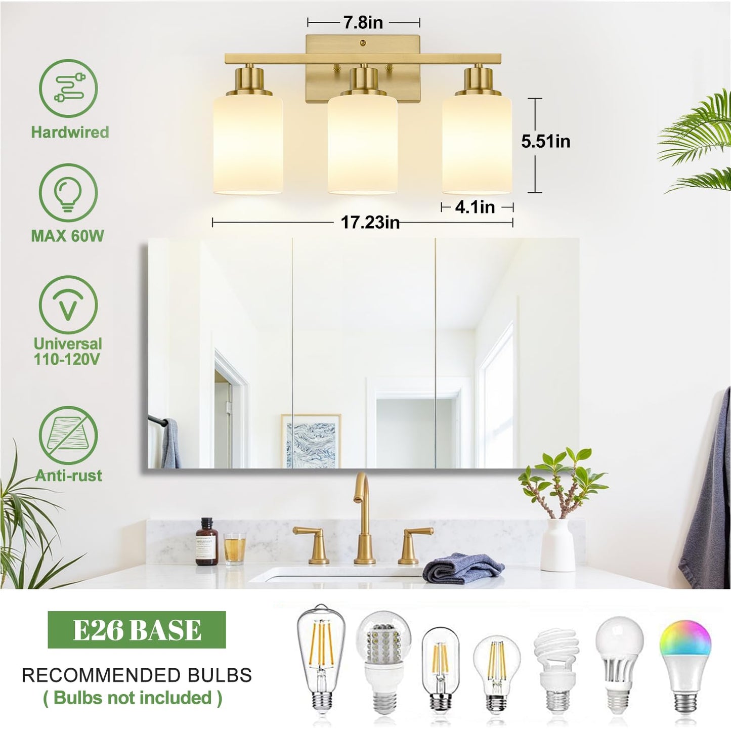 3-Light Bathroom Light Fixtures Brushed Gold Vanity Light With Milky White Shades Bathroom Lighting Fixtures Over Mirror Modern Bathroom Wall Lamp For Mirror Living Room Cabinet Bedroom