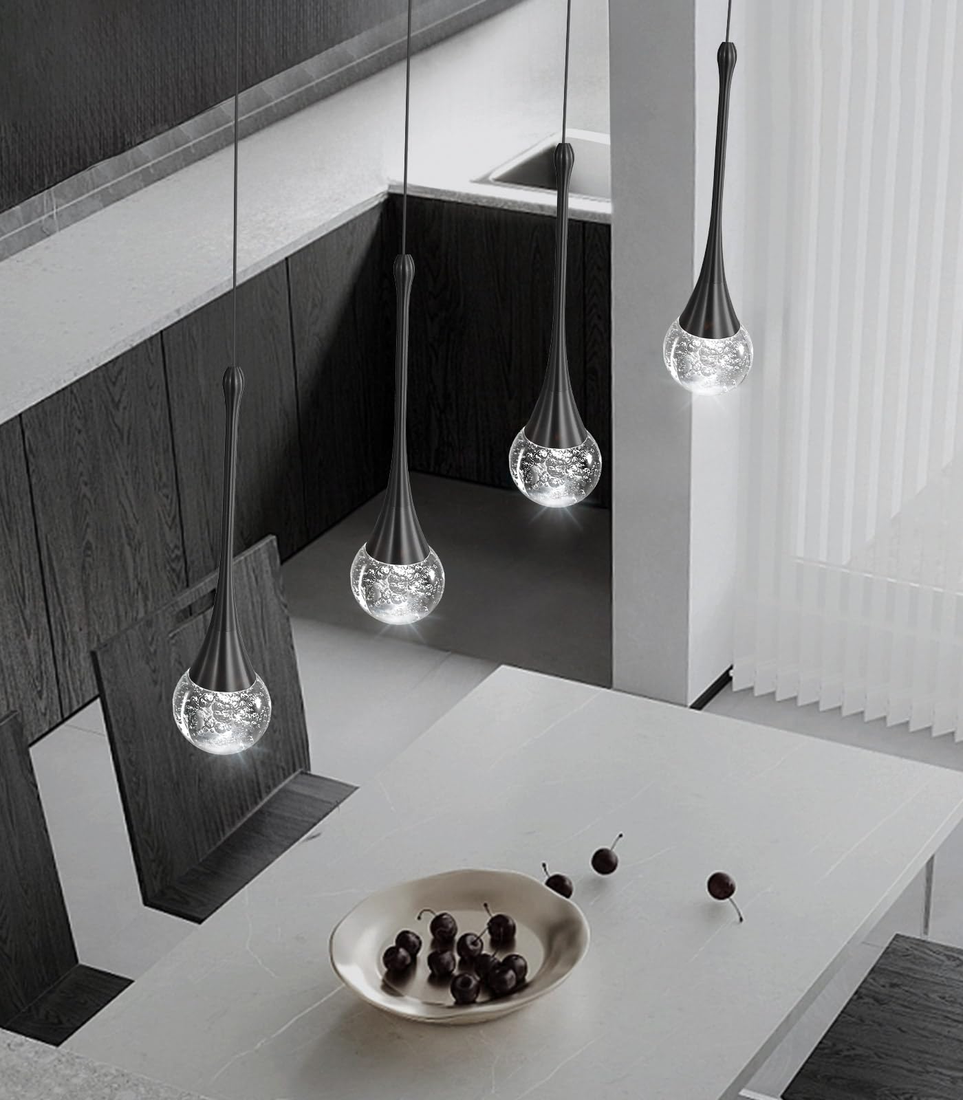 4-Lights Modern Pendant Lights For Kitchen Island Led Dimmable Crystal Glam Ceiling Pendant Lighting Chandelier For Dining Room Hallway Bedroom Black