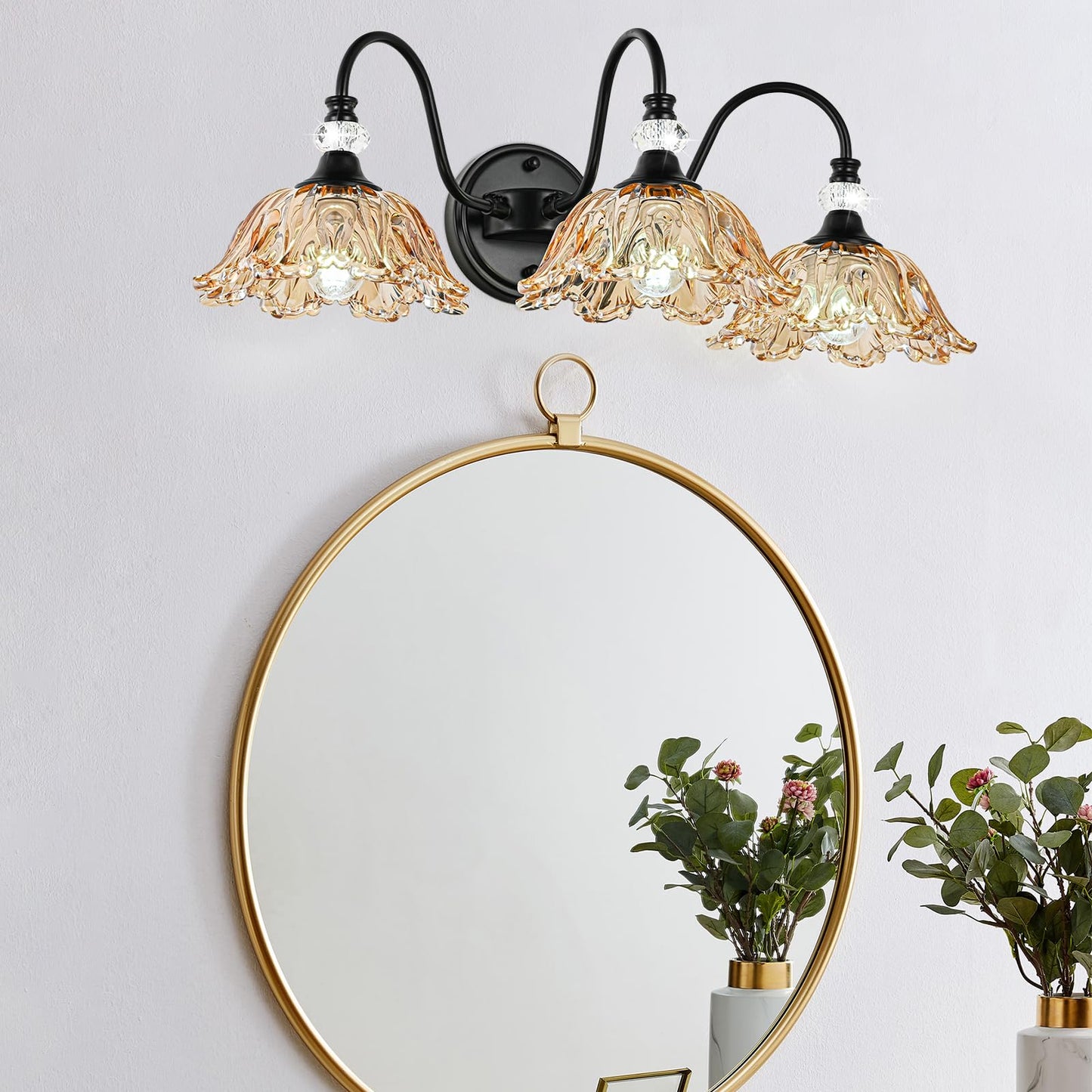 Sunkryster Black Bathroom Vanity Light 3-Light Vanity Light With Floral Amber Glass Shades Vintage Farmhouse Wall Mount Lighting For Bathroom Dressing Table
