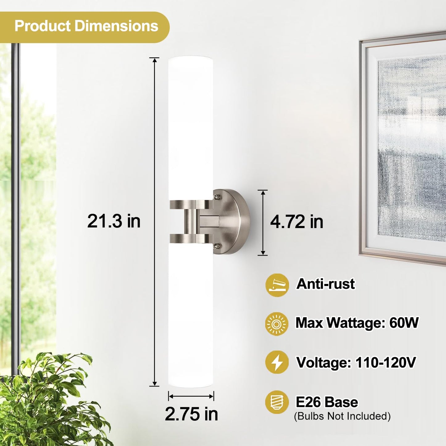Indoi Wall Sconces Set Of Two Brushed Nickel Gold Bathroom Sconces Wall Lighting With Milky White Glass Modern Sconces Wall Decor Set Of 2 Bathroom Light Fixtures For Mirror Living Room Bedroom