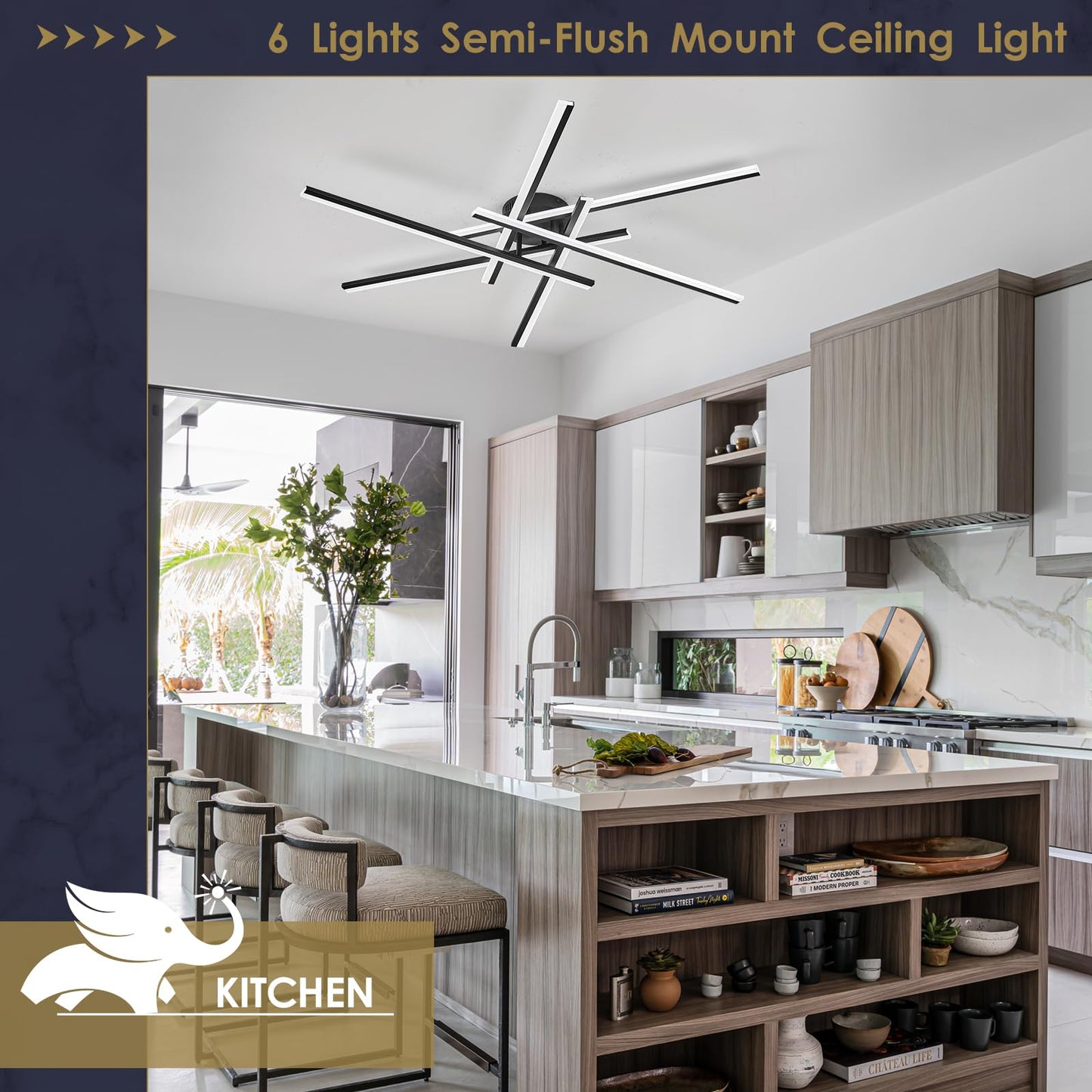Airyphant Modern Led Chandelier With Remote Control 6-Lights Black Semi-Flush Mount Ceiling Lighting Fixture For Living Room Bedroom Dining Room 60W