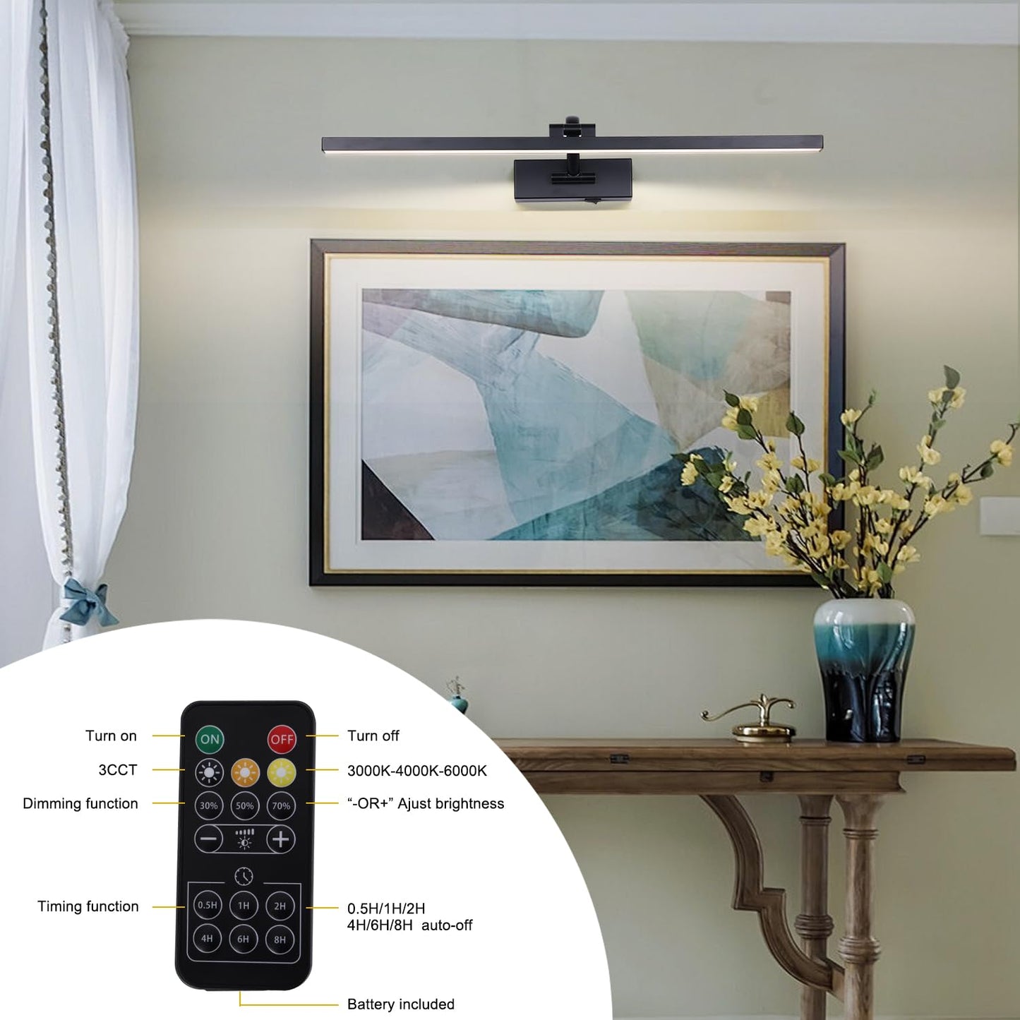 Brivolart Battery Operated Picture Light With Remote Wireless Dimmable Art Lights For discomfort-reducingtings Rechargeable Gallery Light Artwork Lighting For Canvas Portrait (Black 23.6 Inch)