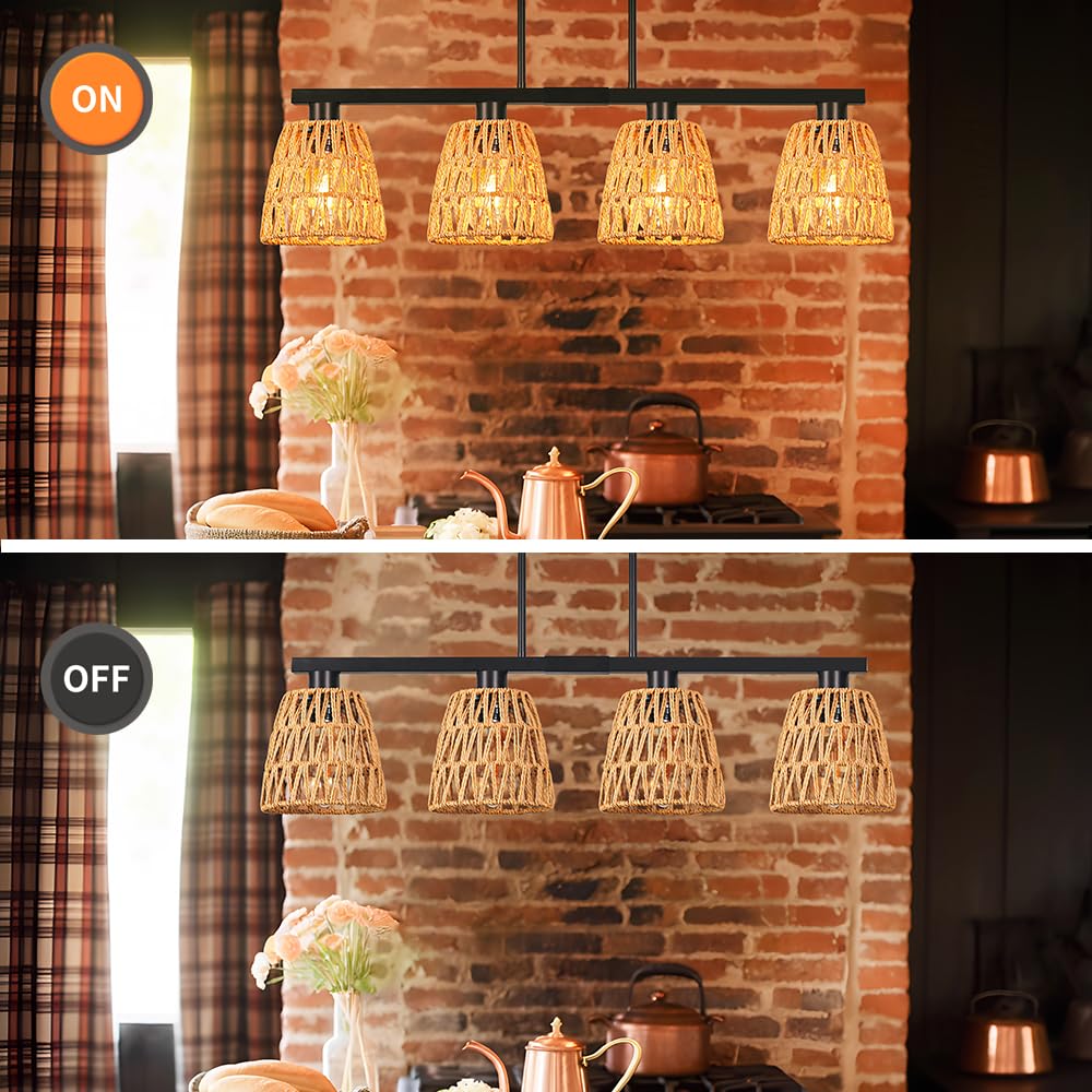 Black 4-Light Kitchen Island Lighting Boho Rattan Dining Room Light Fixture Farmhouse Island Light For Kitchen With Shade Adjustable Linear Chandelier Pendant Lights Kitchen Island Over Bars Table