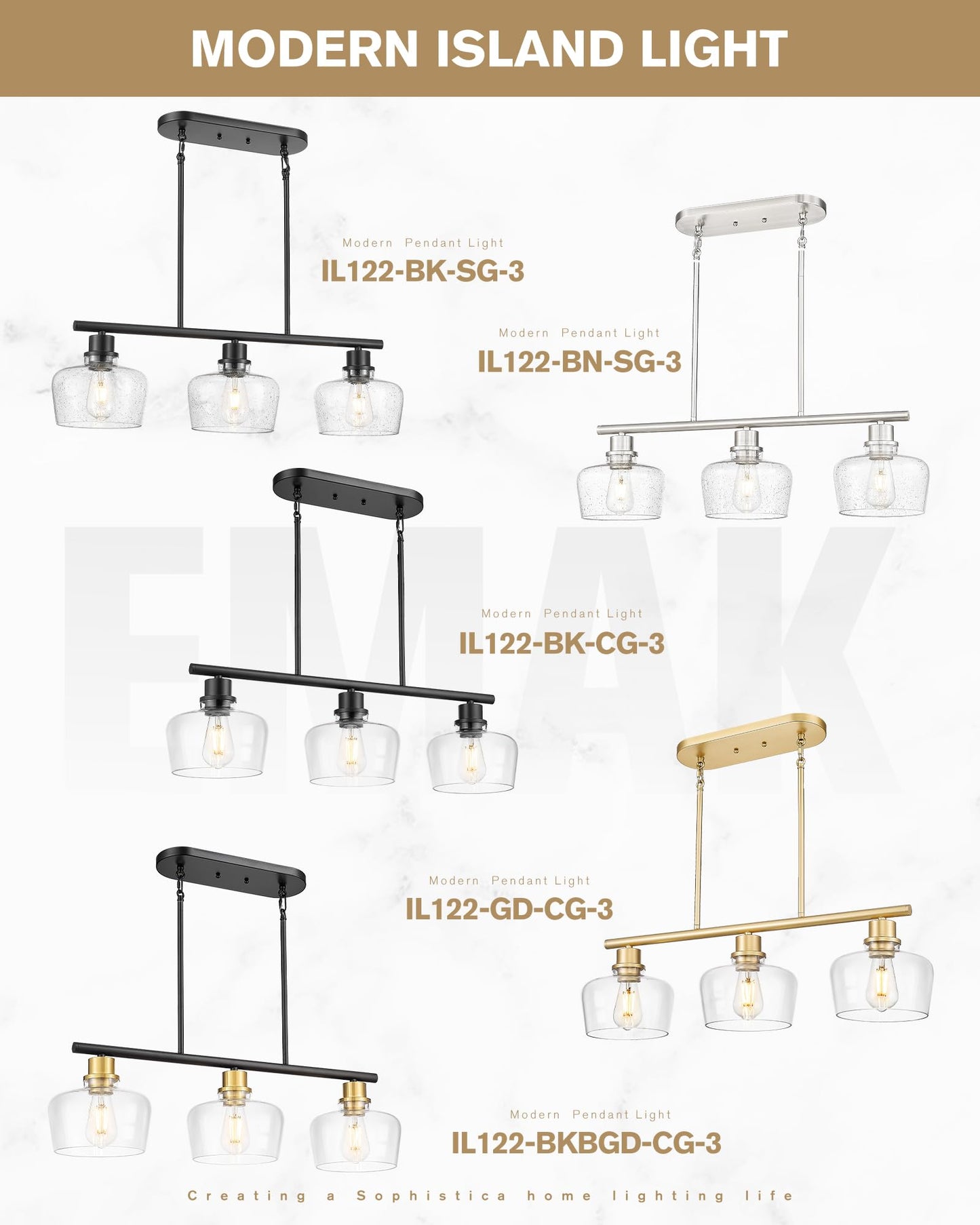 Emak Gold Kitchen Island Lighting 3-Light Dining Room Light Fixtures Over Table With Clear Glass Shade Modern 32 Inch Island Lights For Kitchen Dining Room Bar Il122-Gd-Cg-3