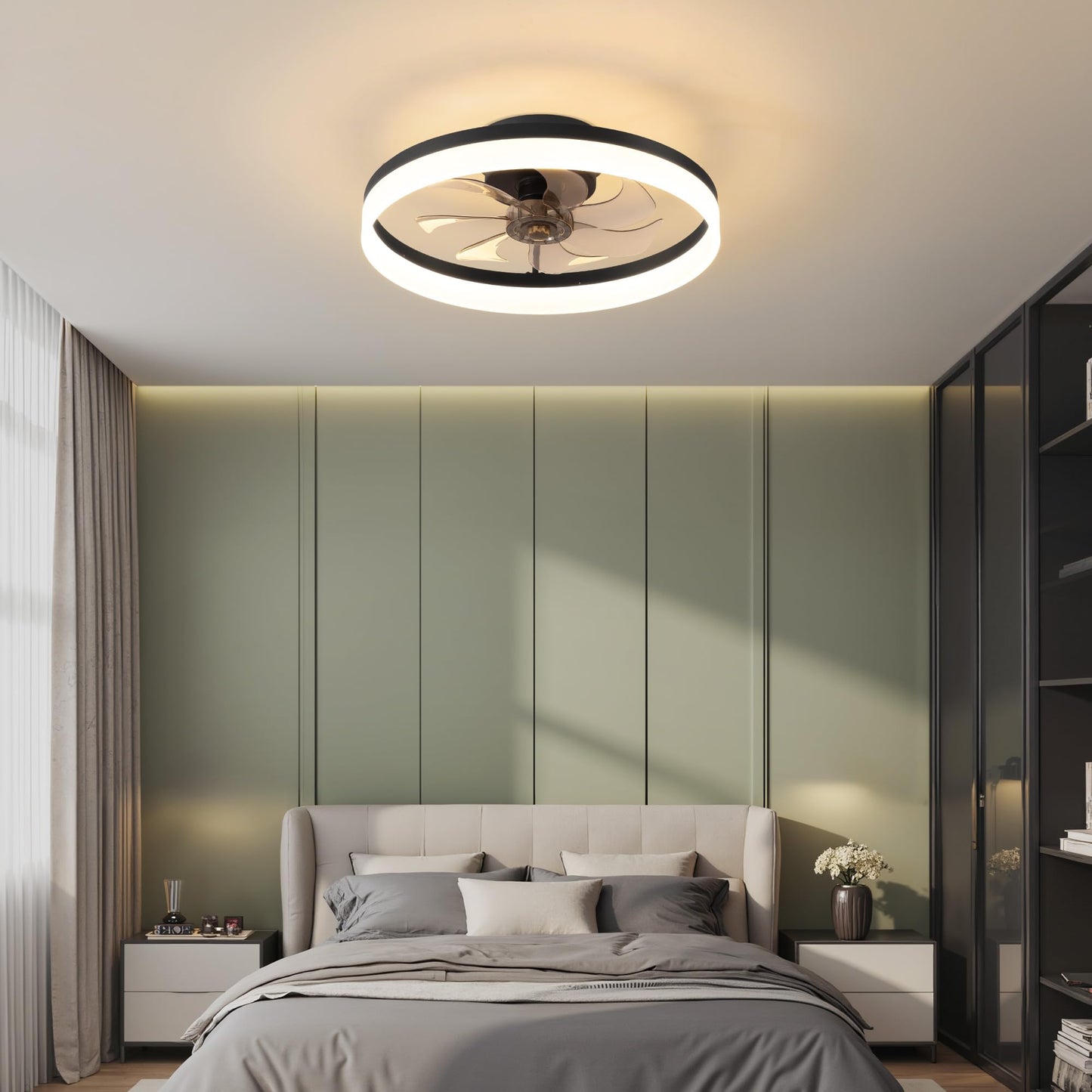 Pusu 15.8 Low Profile Led Ceiling Fans With Light Reversible Flush Mount With Remote And 6 Winds Speeds Fan Lighting 3 Colors Dimmable For Bedroom Garage Kids Dinning Room Kitchen (Black)