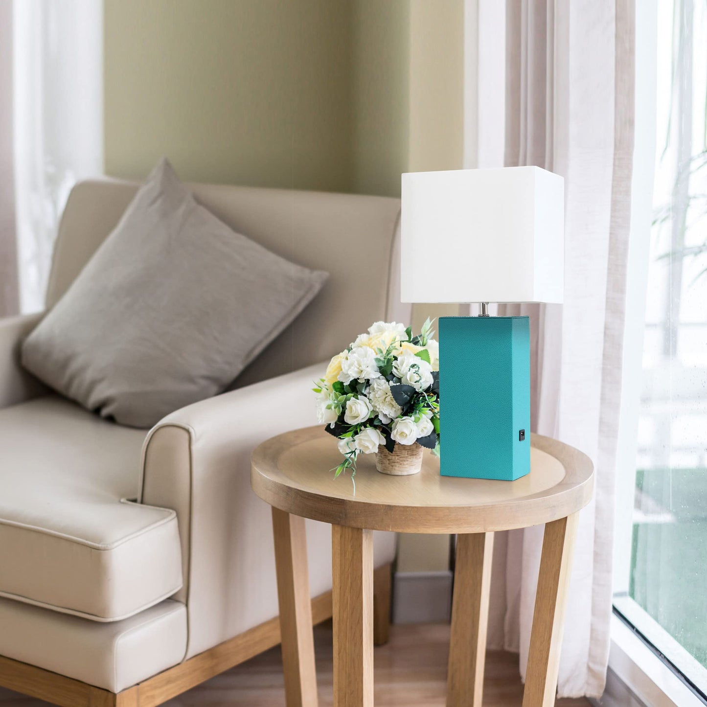 LALIA HOME Bedside Table Lamp with USB Charging Port, Modern Design, Teal, Leather Base, Model LHT-3012