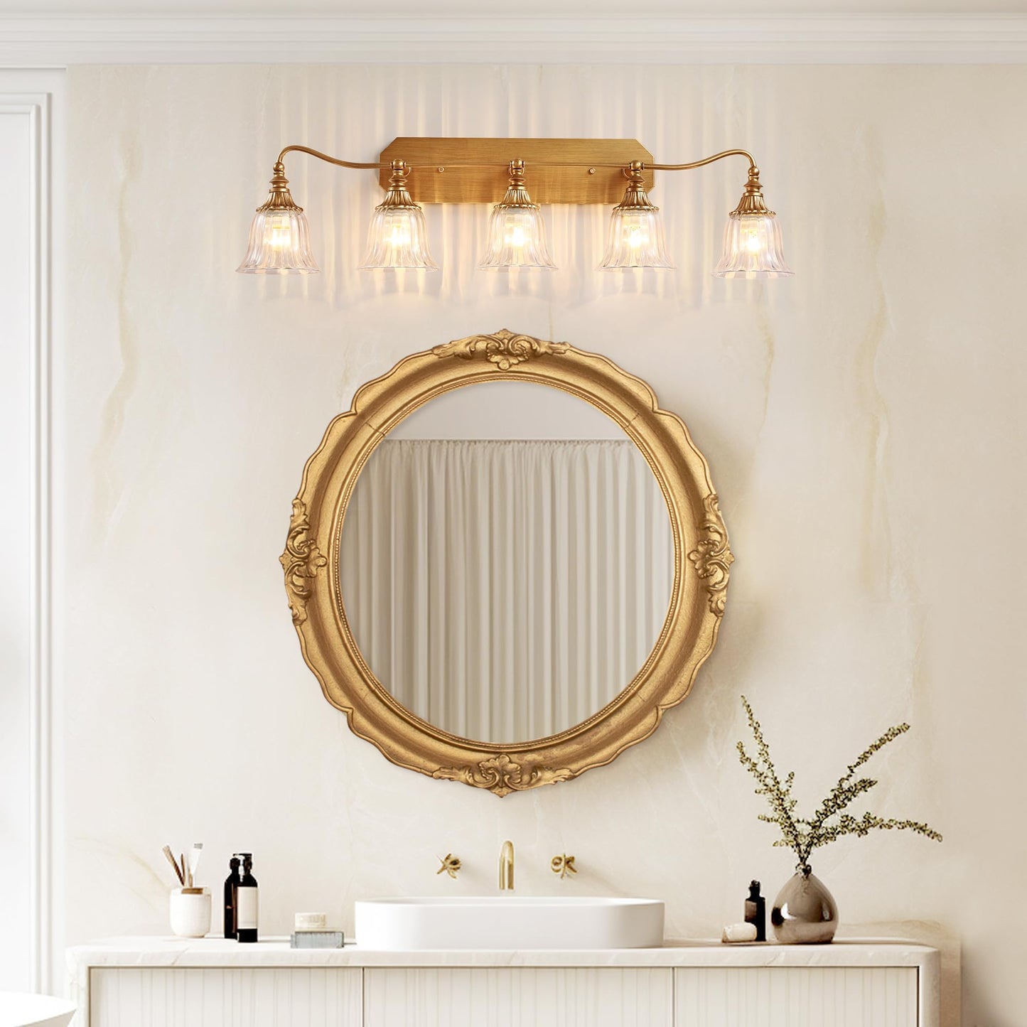 Lmnlvn Bathroom Vanity Gold Light Fixture 5 Lights Bathroom Lighting Matte Antique Brass Finish With Crystal Glass Shade Gold Vintage Vanity Light For Bathrooms