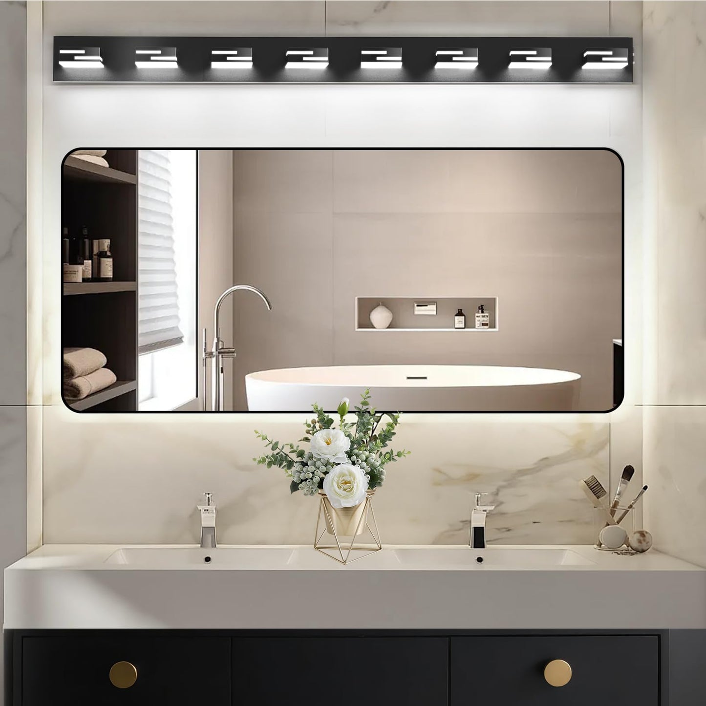 Lkhf Led Modern Bathroom Vanity Light Fixtures 8-Light 55-Inch Dimmable Matte Black Vanity Lights For Bathroom Lighting Fixtures Over Mirror With 350?Rotatable Acrylic Heads (Cool White 6000K)
