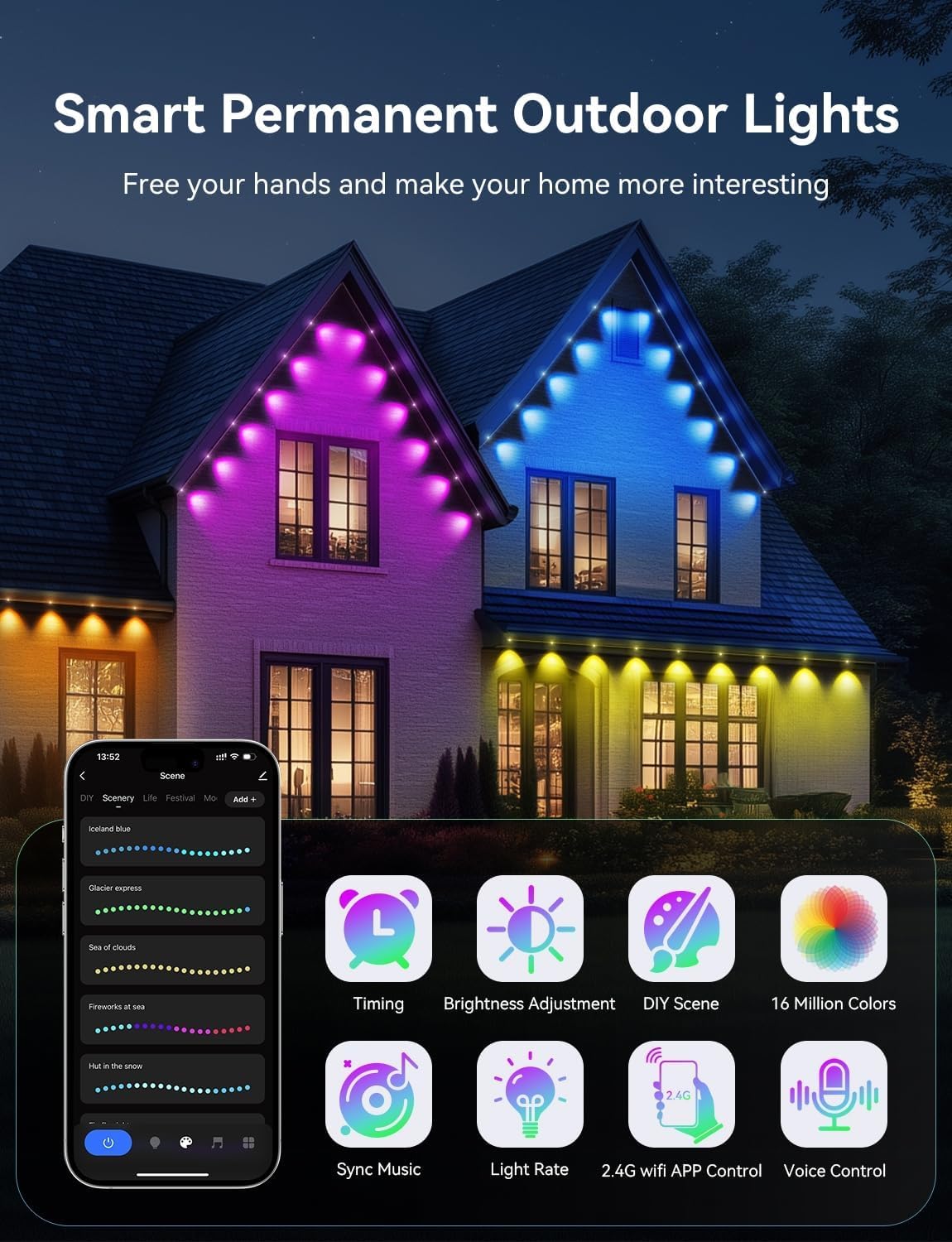 Lemonlovely Permanent Outdoor Lights Pro 180Ft With 132 Ic+Rgbcw Smart Led Eaves Christmas Lights For Daily Decoration Ip67 Waterproof For Outside Xmas Halloween House Roof Lighting Black