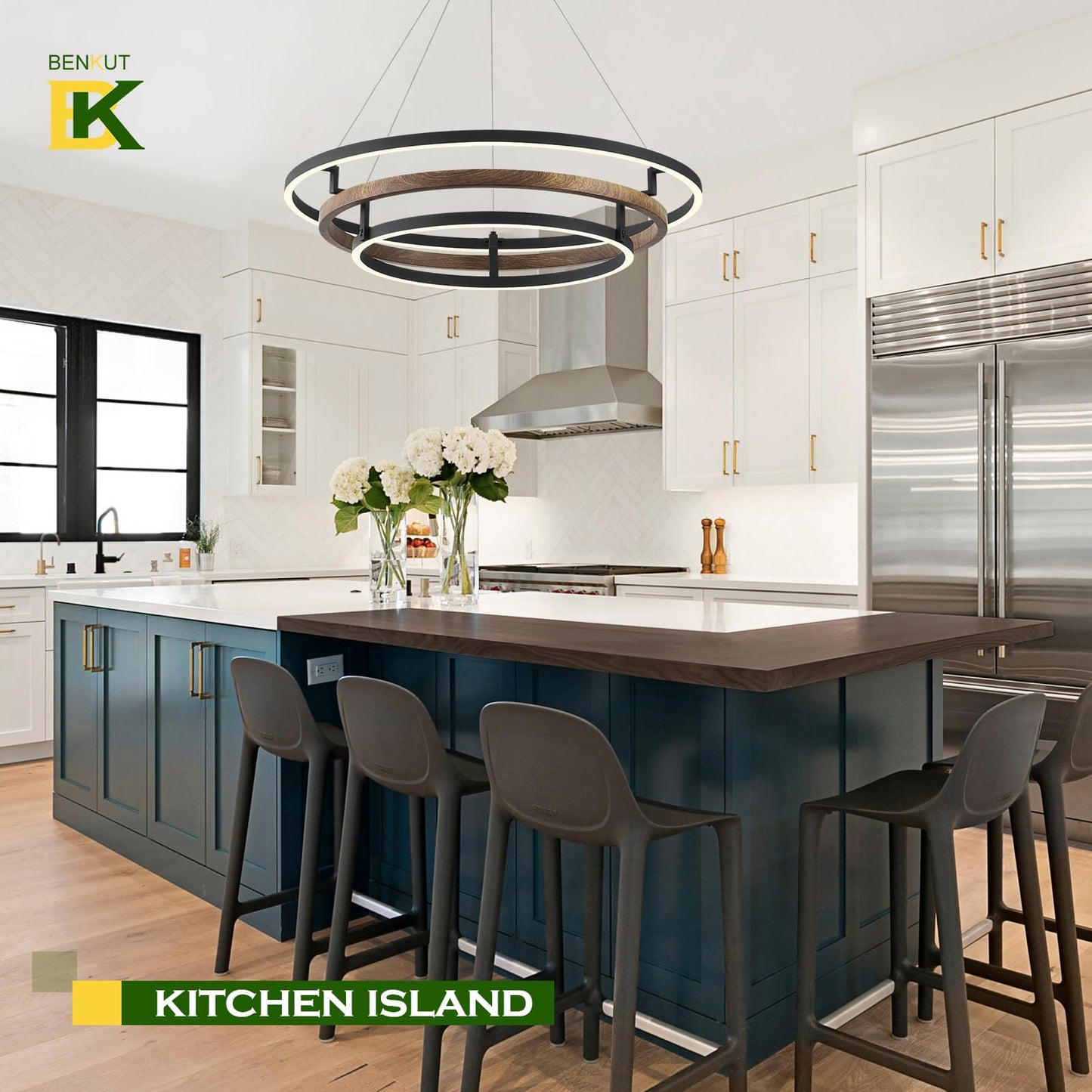 Benkut 3 Rings Modern Led Chandelier Black Dimmable Circular Pendant Light For Dining Room Foyer Chandelier With Remote Control Flush Mount High Ceiling Light For Kitchen Living Room D30.7In