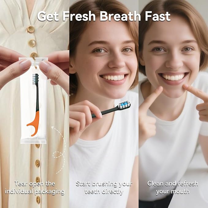 10Pack Disposable Toothbrush with Pre-Pasted Toothpaste 5-in-1 Mini Travel Toothbrush Deep Clean with Toothpick, Flosser, Tongue Scraper for Superior Oral Hygiene, Individually Wrapped
