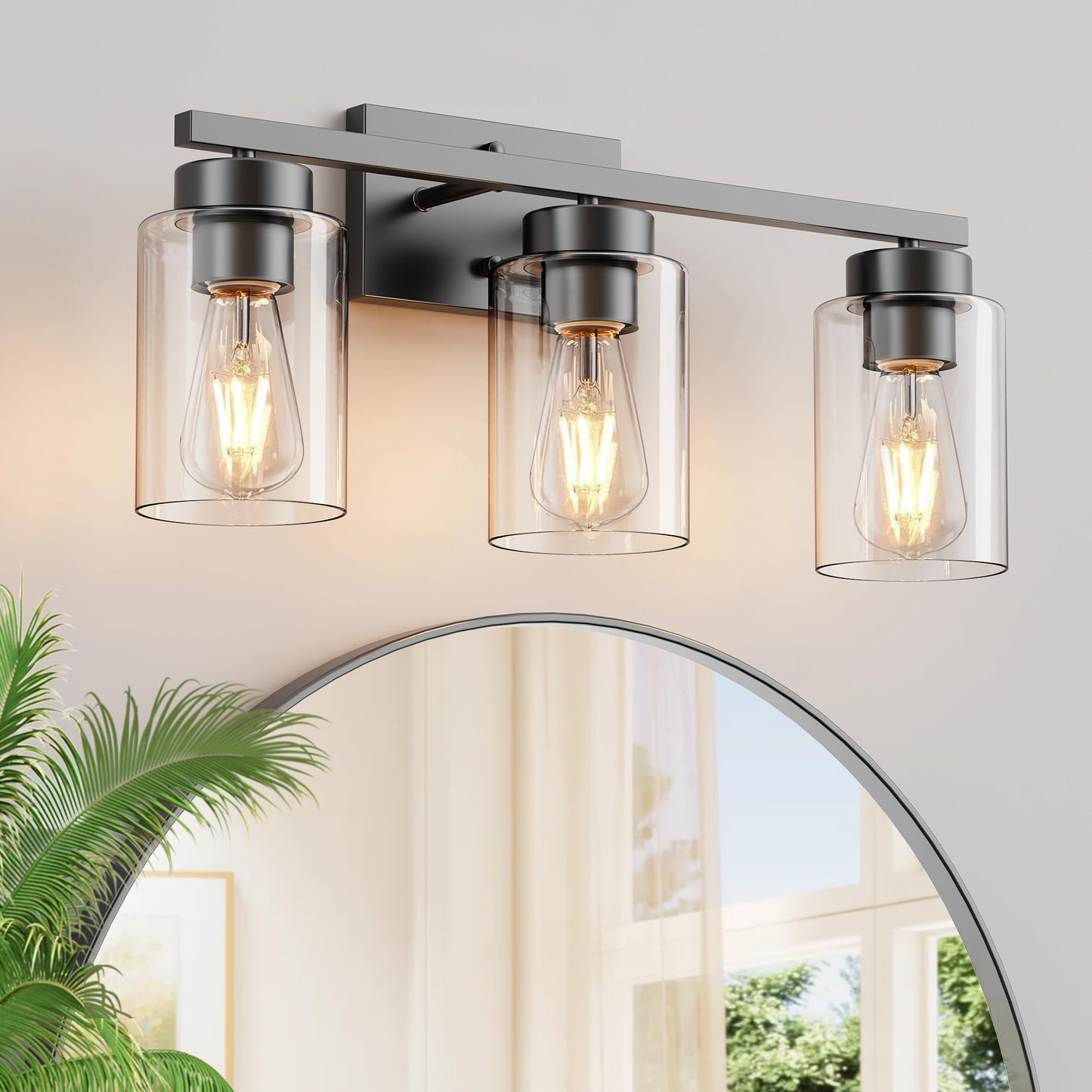 Partphoner 3-Light Bathroom Light Fixtures Matte Black Vanity Light With Clear Glass Shade Modern Wall Sconce For Mirror Bedroom Living Room Hallway Lighting