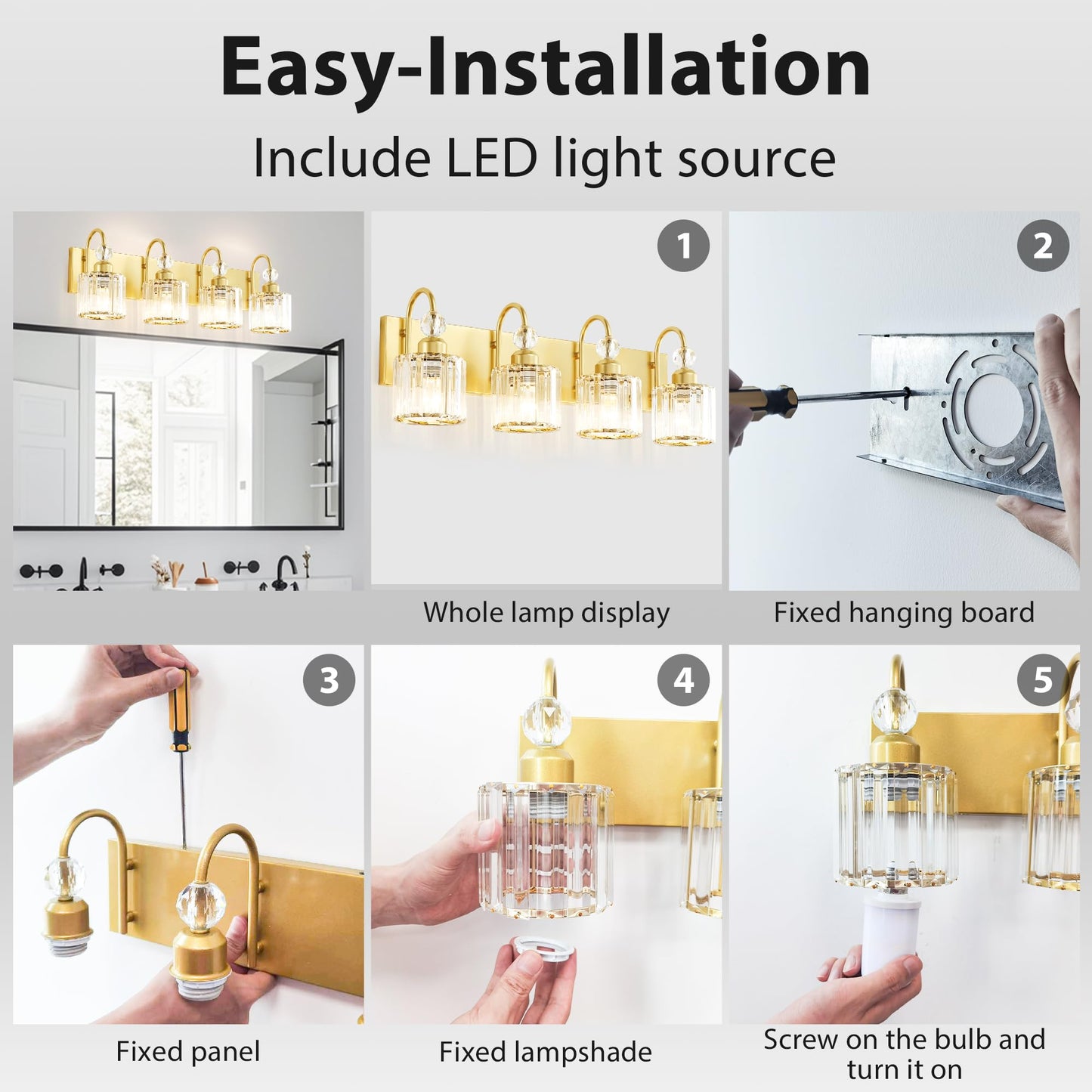 Diamondforge Bathroom Vanity Light Fixtures Over Mirror - Makeup Lighting Pure Gold - For Modern Wall Bath Desk Farmhouse Hallway - 4 Crystal Lights
