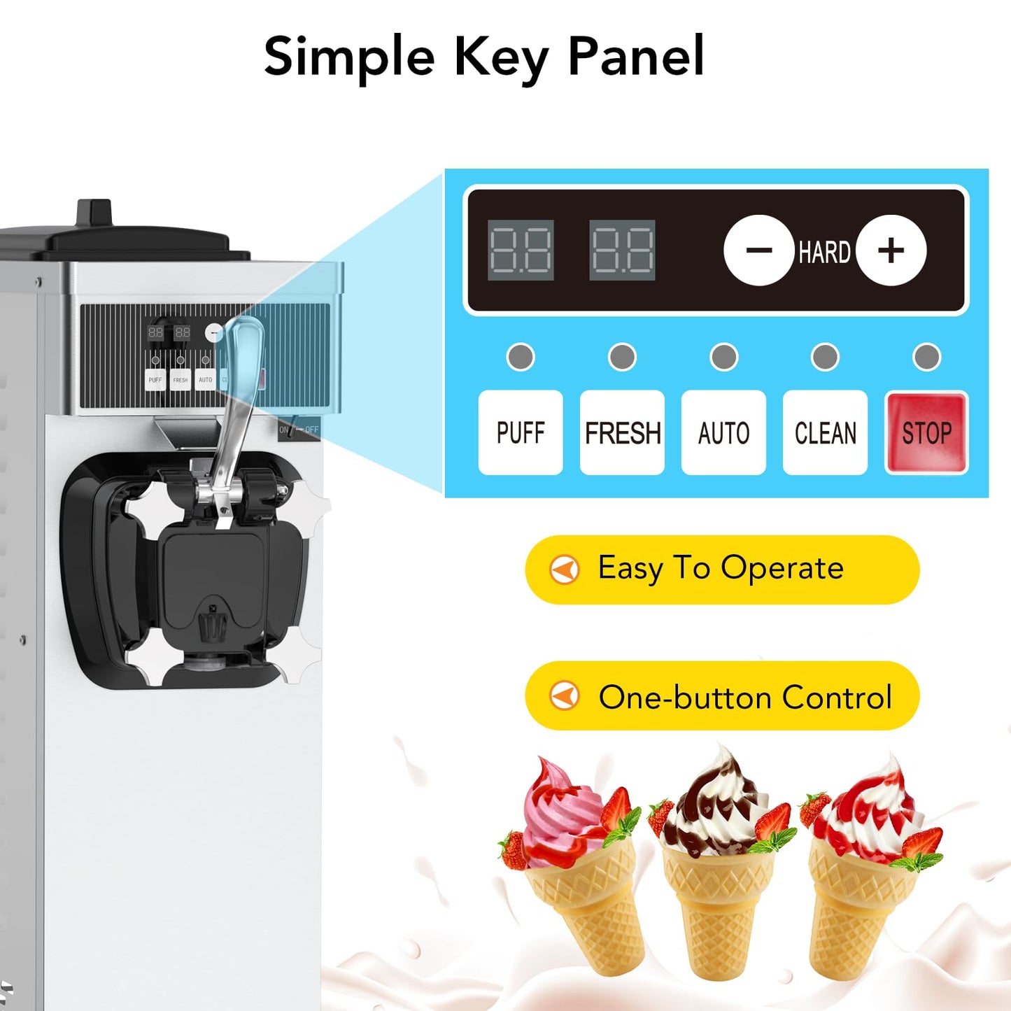 Single Flavor Soft Serve Ice Cream Maker Machine Commercial, 4.7-5.8 Gal/Hr Countertop Soft Serve Machine with LCD Display, Auto Clean Pre-Cooling High Productivity for Restaurants & Snack, 1200W