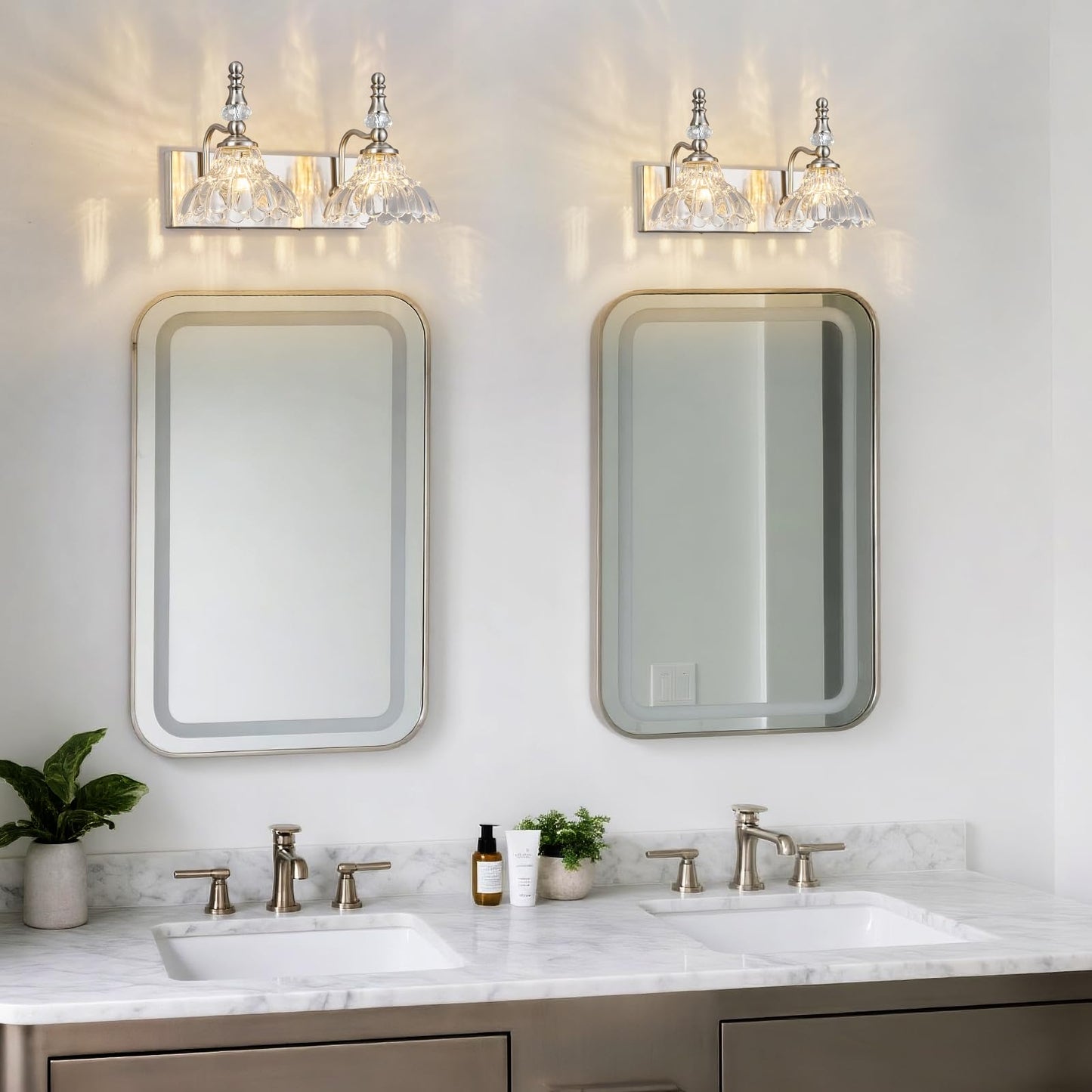 Lbsqj Vintage Bathroom Vanity Light 2-Light Brushed Nickel Vanity Lighting Fixture With Flower Glass Shade Bathroom Lighting Fixtures Over Mirror