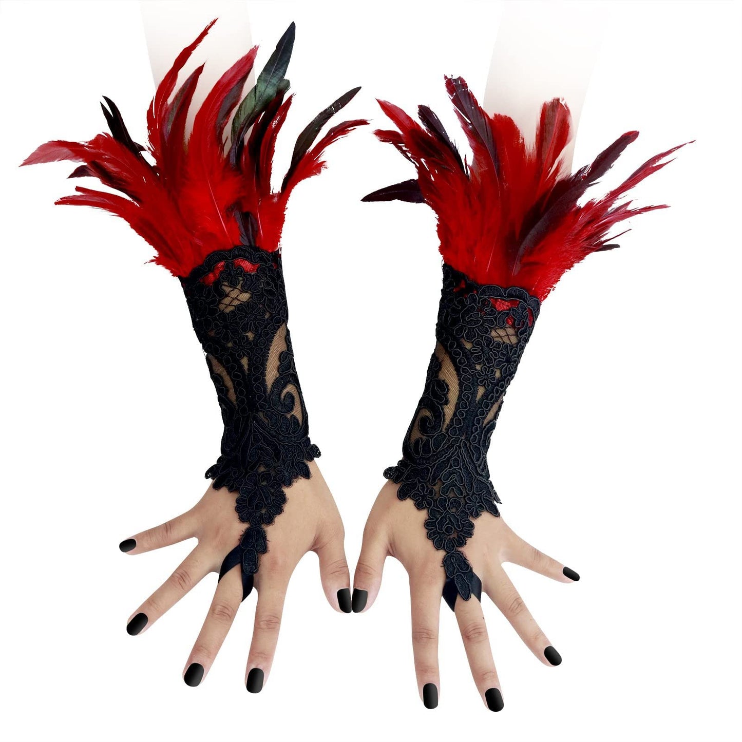 CAMDOM Steampunk Lace Gloves for women Vintage Feather Cuff Lace Long Elbow Fingerless Gloves for Cosplay Party Costume