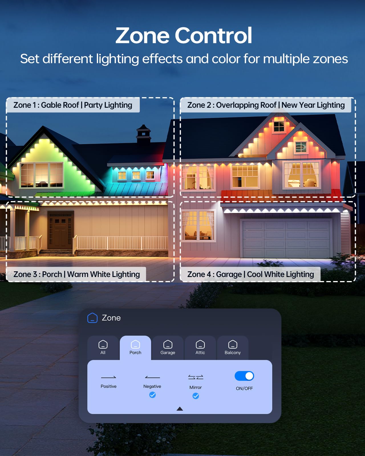 Asahom Ai Permanent Outdoor Lights S107C 150Ft With 108 Rgbcw Led Lights And Dual Output 30 000 Lighting Effect Combination Ip67 Waterproof For House Halloween Christmas And Daily Decoration White