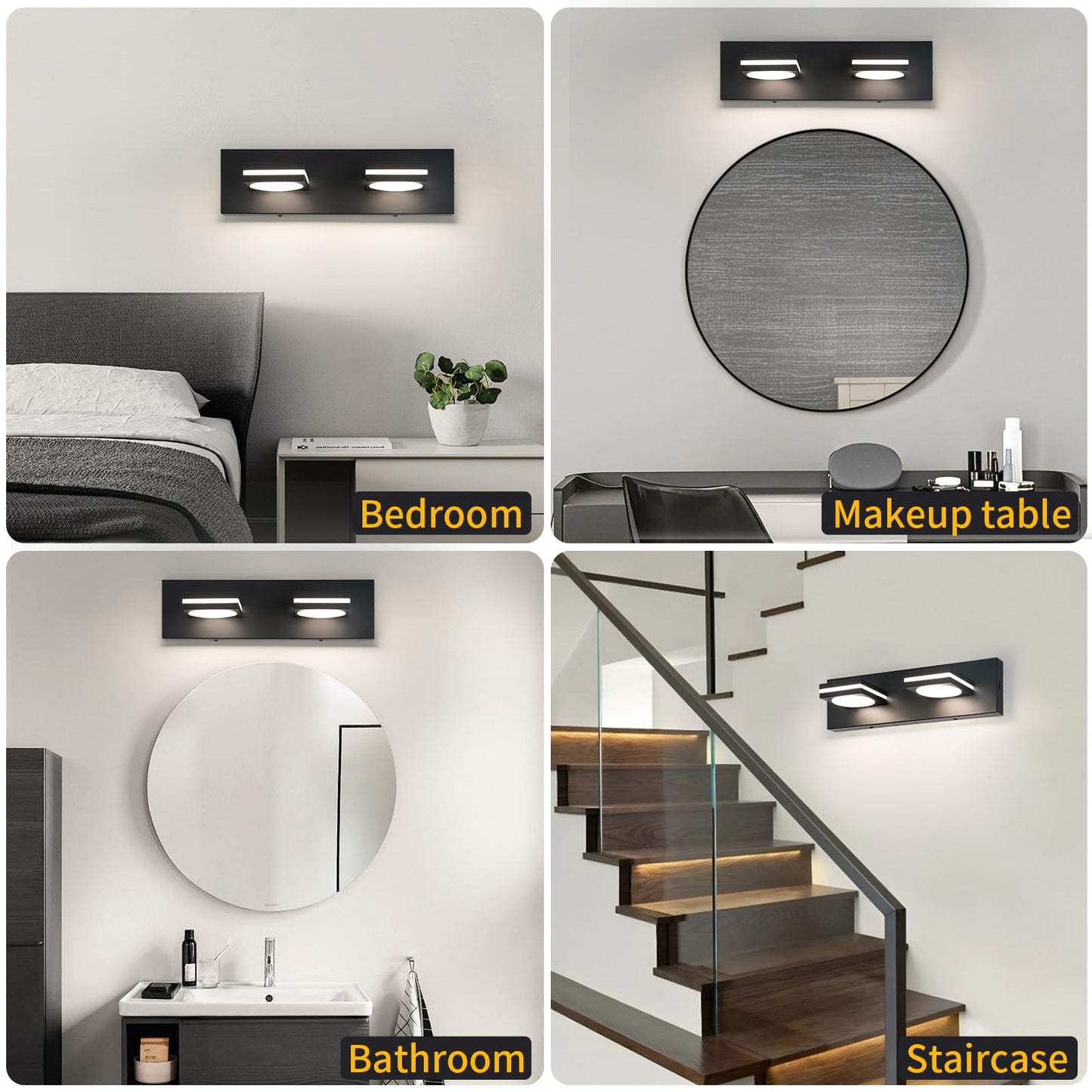 Okeli 2-Light Led Bathroom Vanity Light Fixtures Matte Black Modern Bathroom Wall Lighting Fixtures Over Mirror (3Cct 3000K-6000K)