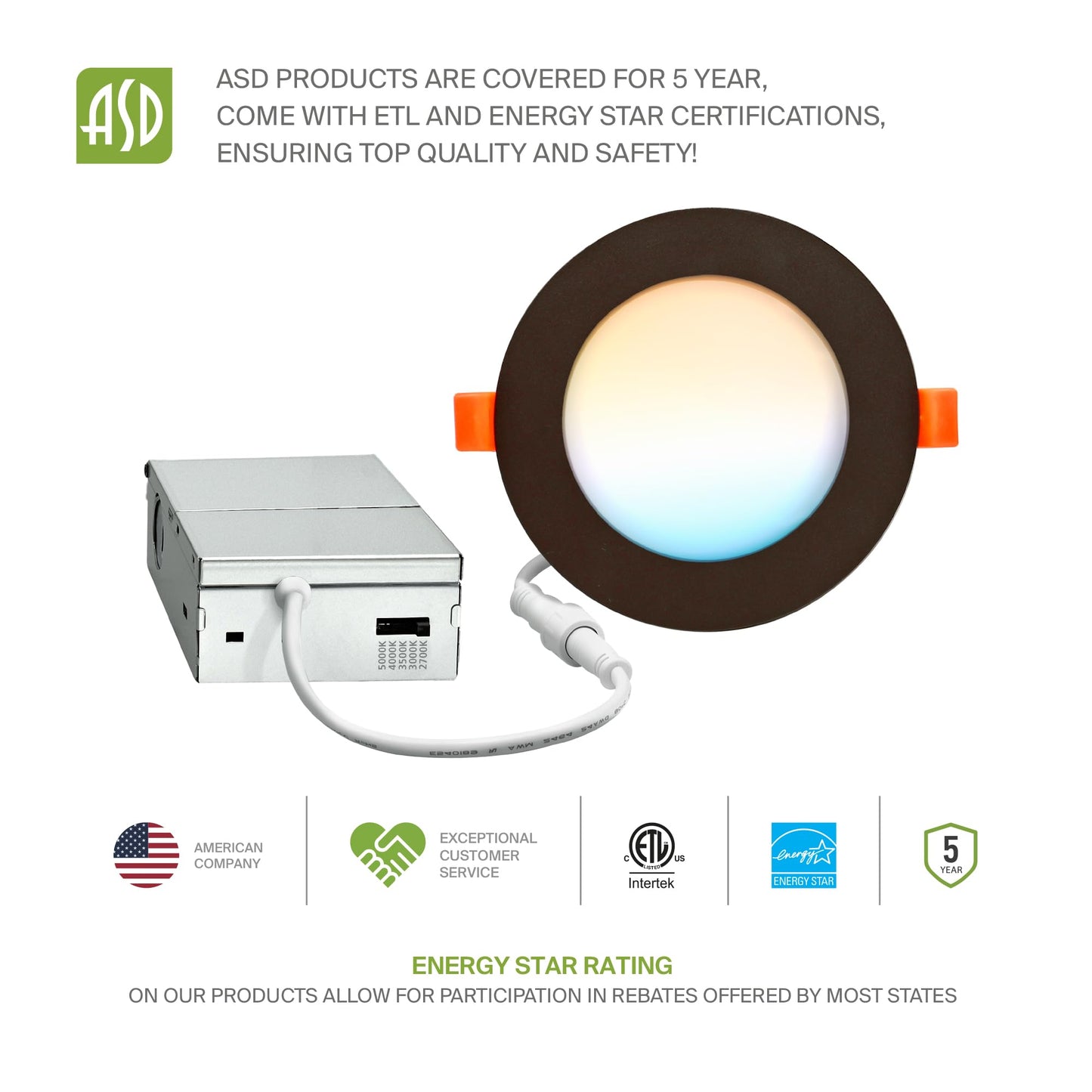 Asd 6 Pack Led Recessed Lighting 4 Inch 9W 5 Cct 2700K-5000K Cri90+ Ic Rated Ultra Thin Dimmable Ceiling Lights With J Box Canless Wafer Downlight Round Slim Panel Light Energy Star Etl Bronze