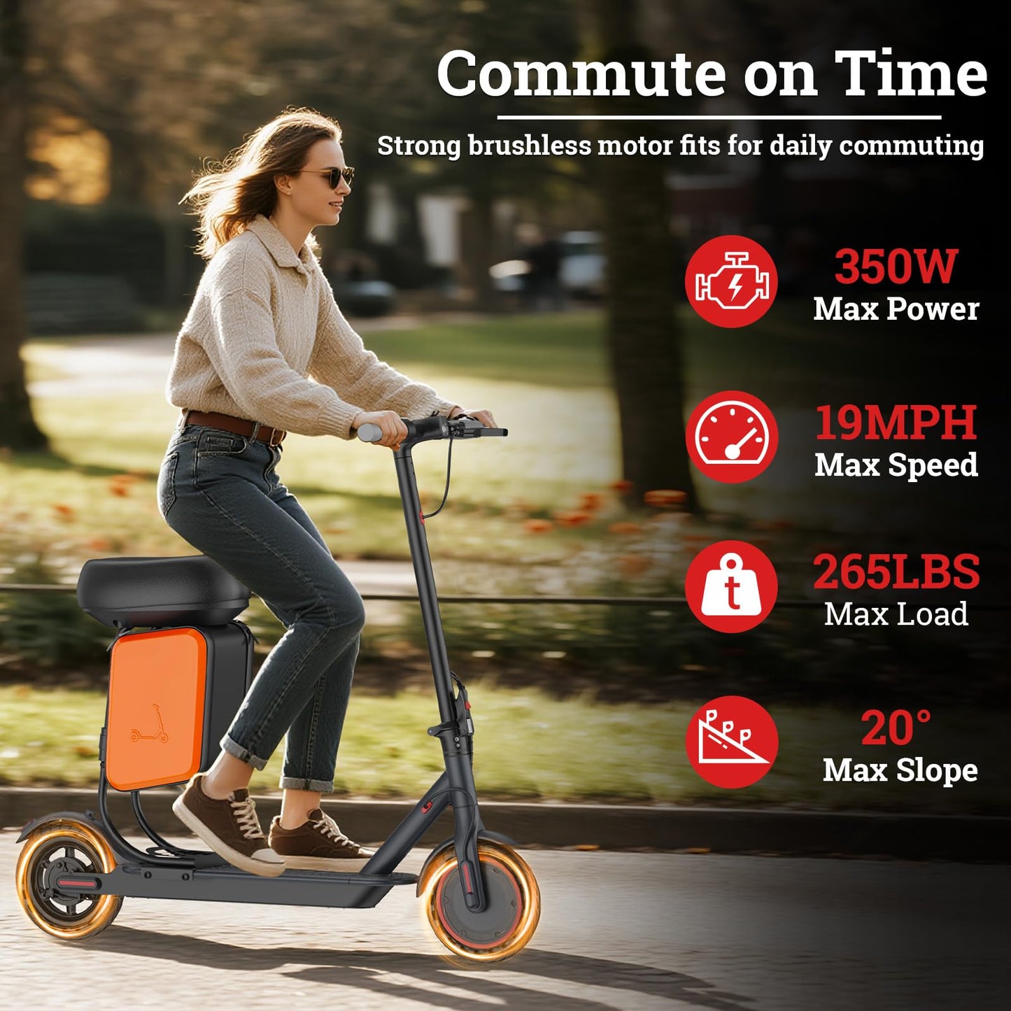 Qlaway 8.5" E Scooter for Adults 19 MPH 350W Motor 187.2WH Battery, Motorized Scooter Up to 15 Miles Range, Foldable, Bearing 265 LBS/APP Control with Seat