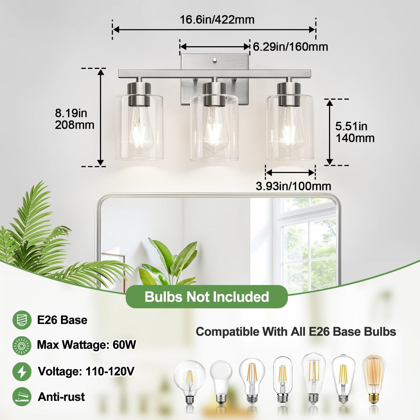 Meybiok 3-Light Bathroom Light Fixtures Brushed Nickel Vanity Lights Bathroom Lighting With Clear Glass Shade Vanity Lighting Fixtures For Mirror Kitchen Bedroom Hallway Living Room