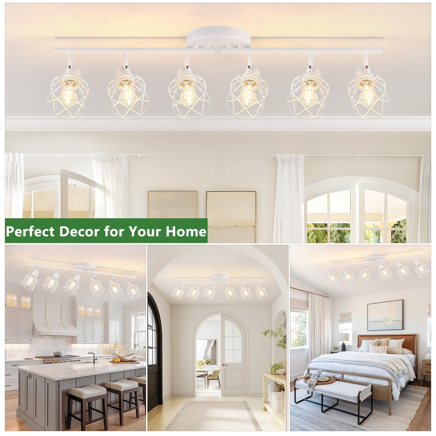 Baocuz 6-Lights White Semi Flush Mount Ceiling Light With Geometric Metal Cage Modern Kitchen Track Lighting Fixtures Ceiling Rotatable Close To Ceiling Lamp For Entryway Living Room Hallway