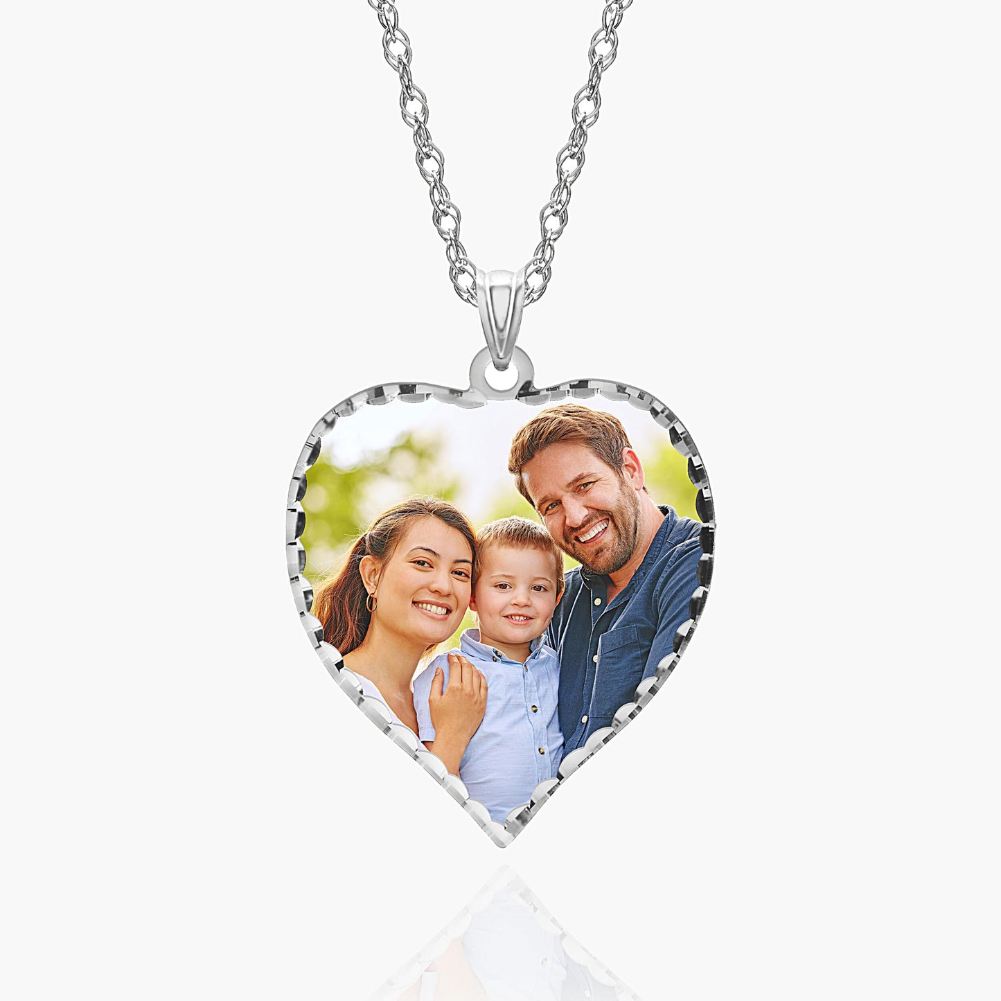 PicturesOnGold.com Personalized Photo Engraved Heart Shaped Picture Necklace with Diamond Cut Edge in Silver, Gold, White Gold or Rose Gold - 1 Inch x 1 Inch