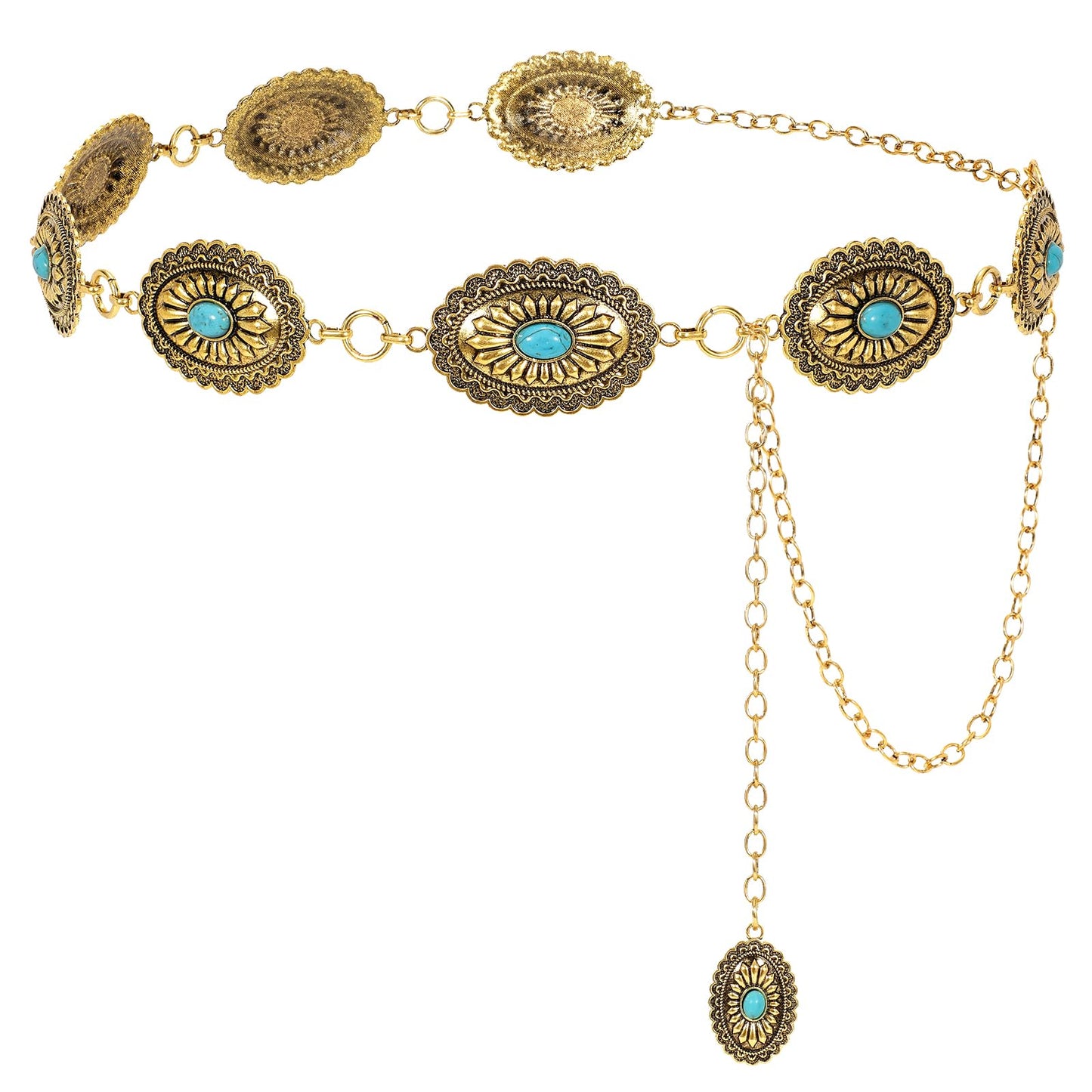 LEACOOLKEY Women Turquoise Concho Chain Waist Belt Silver Western Cowgirl Metal Chain Belt for Dress Adjustable