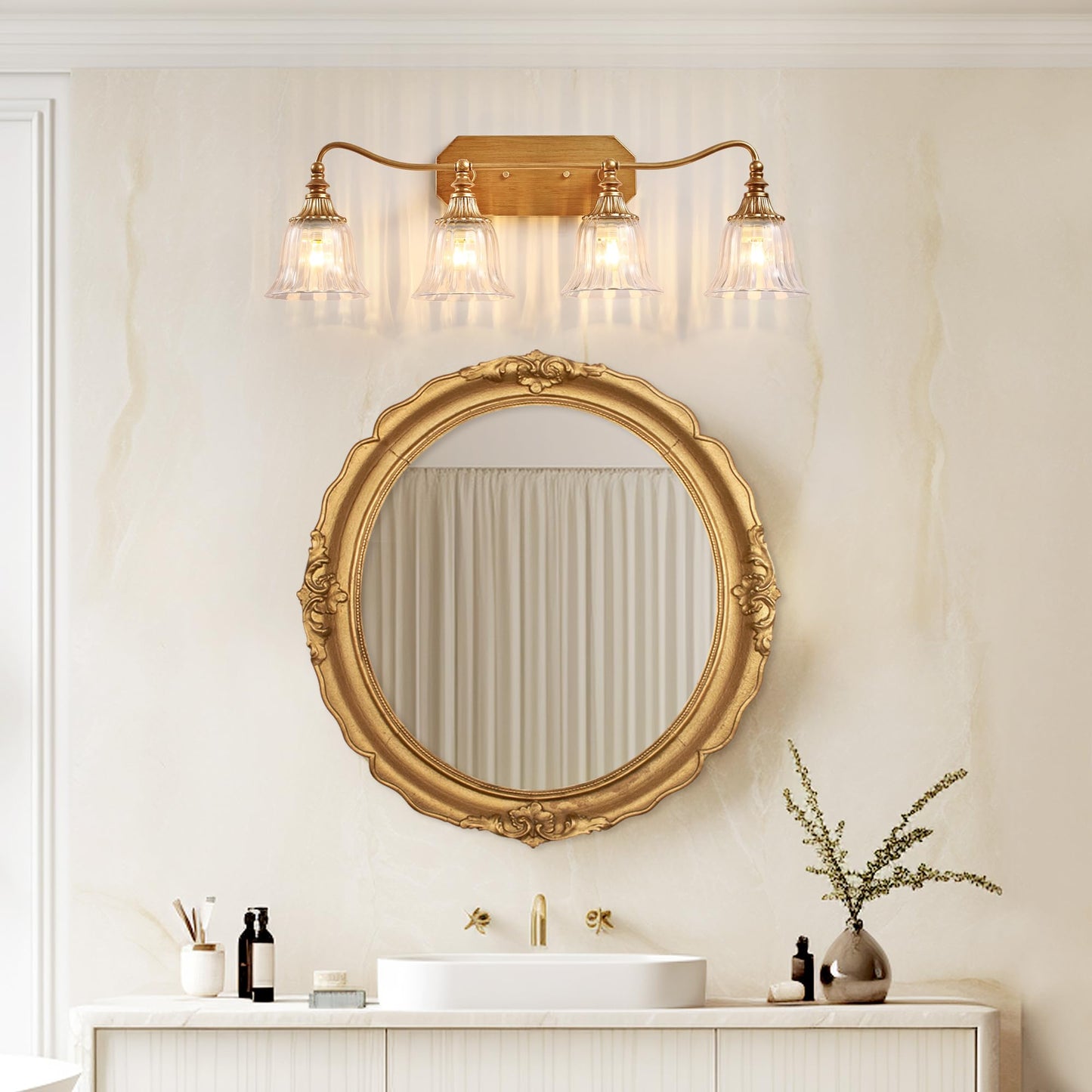 Lmnlvn Bathroom Vanity Gold Light Fixture 4 Lights Bathroom Lighting Matte Antique Brass Finish With Crystal Glass Shade Gold Vintage Vanity Light For Bathrooms
