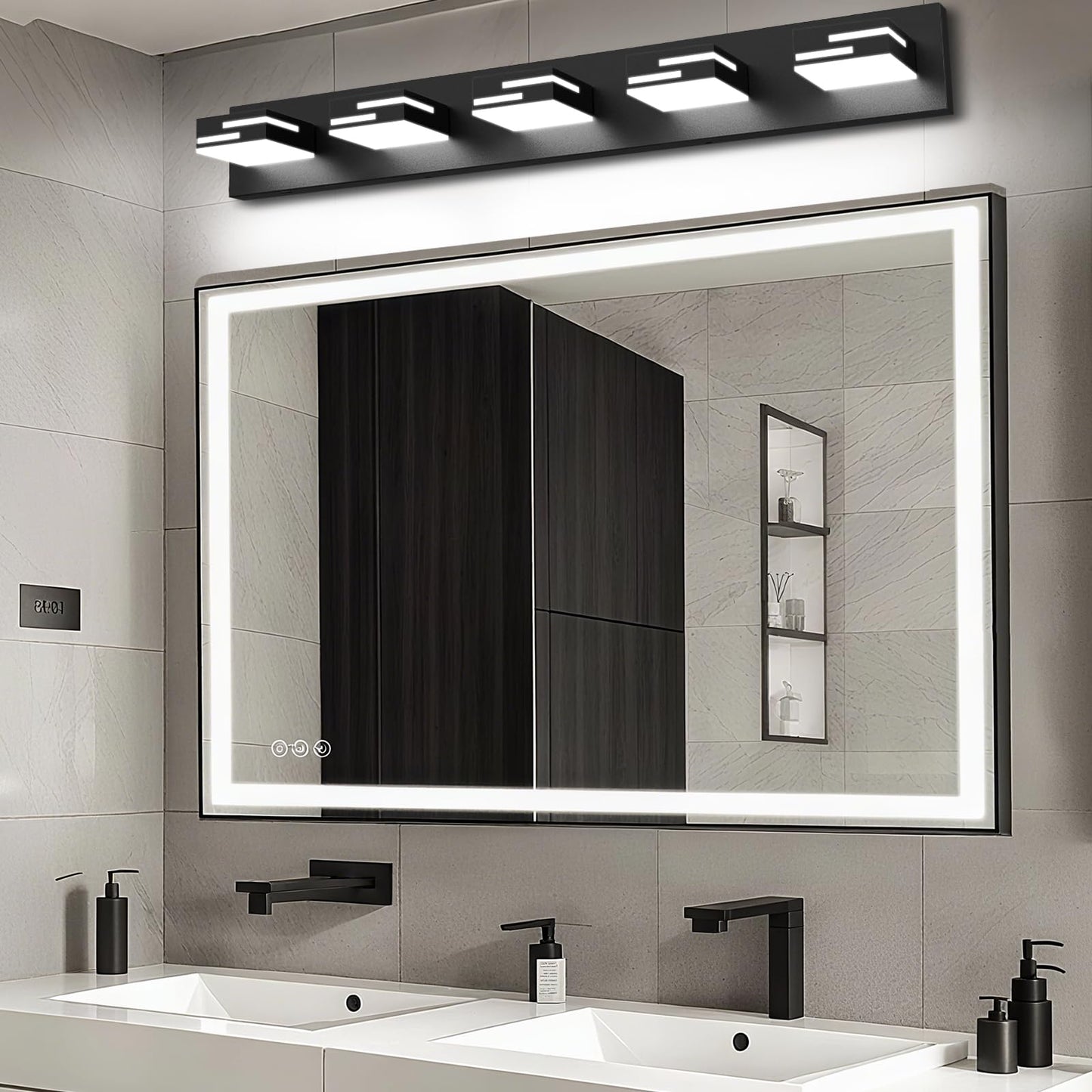 Lkhf Led Modern Bathroom Vanity Light Fixtures 5-Light 34-Inch Dimmable Matte Black Vanity Lights For Bathroom Lighting Fixtures Over Mirror With 350?Rotatable Acrylic Heads (Cool White 6000K)