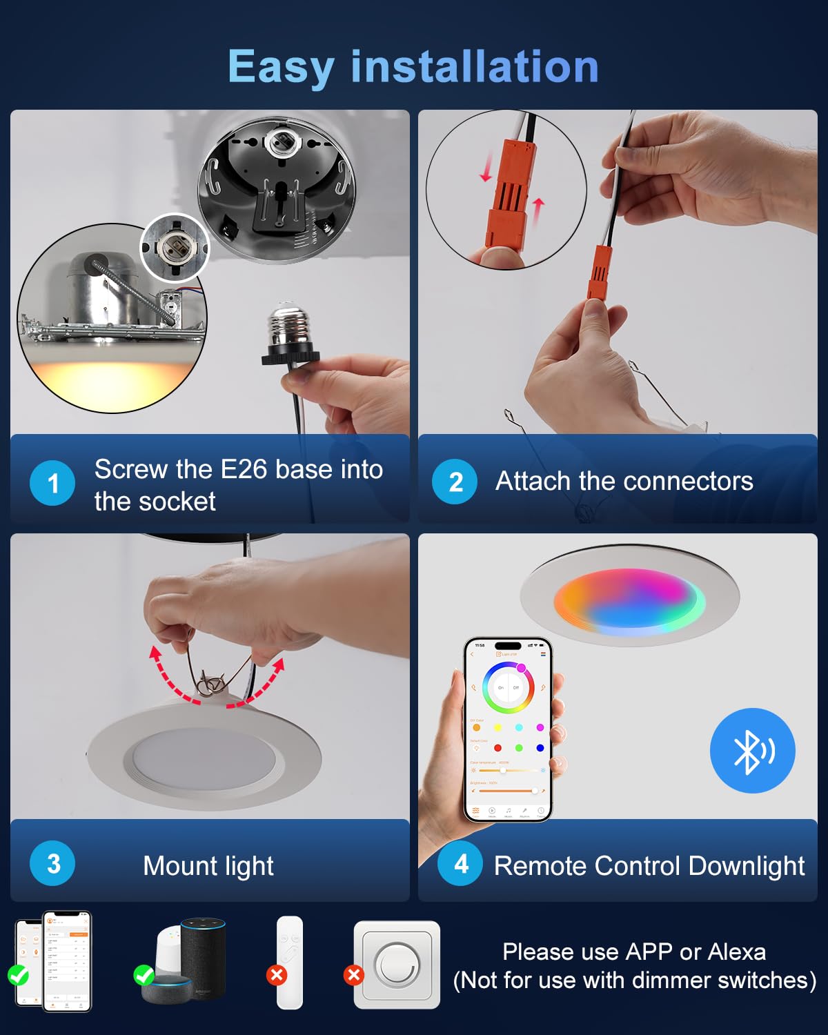 Varicart Smart Recessed Lighting 6 Inch Rgbcw Color Changing Smart Can Light Bluetooth Connect Flicker Free 13W 1300Lm Dimmable Retrofit Downlight Works With Alexa Voice & App Control 12 Pack