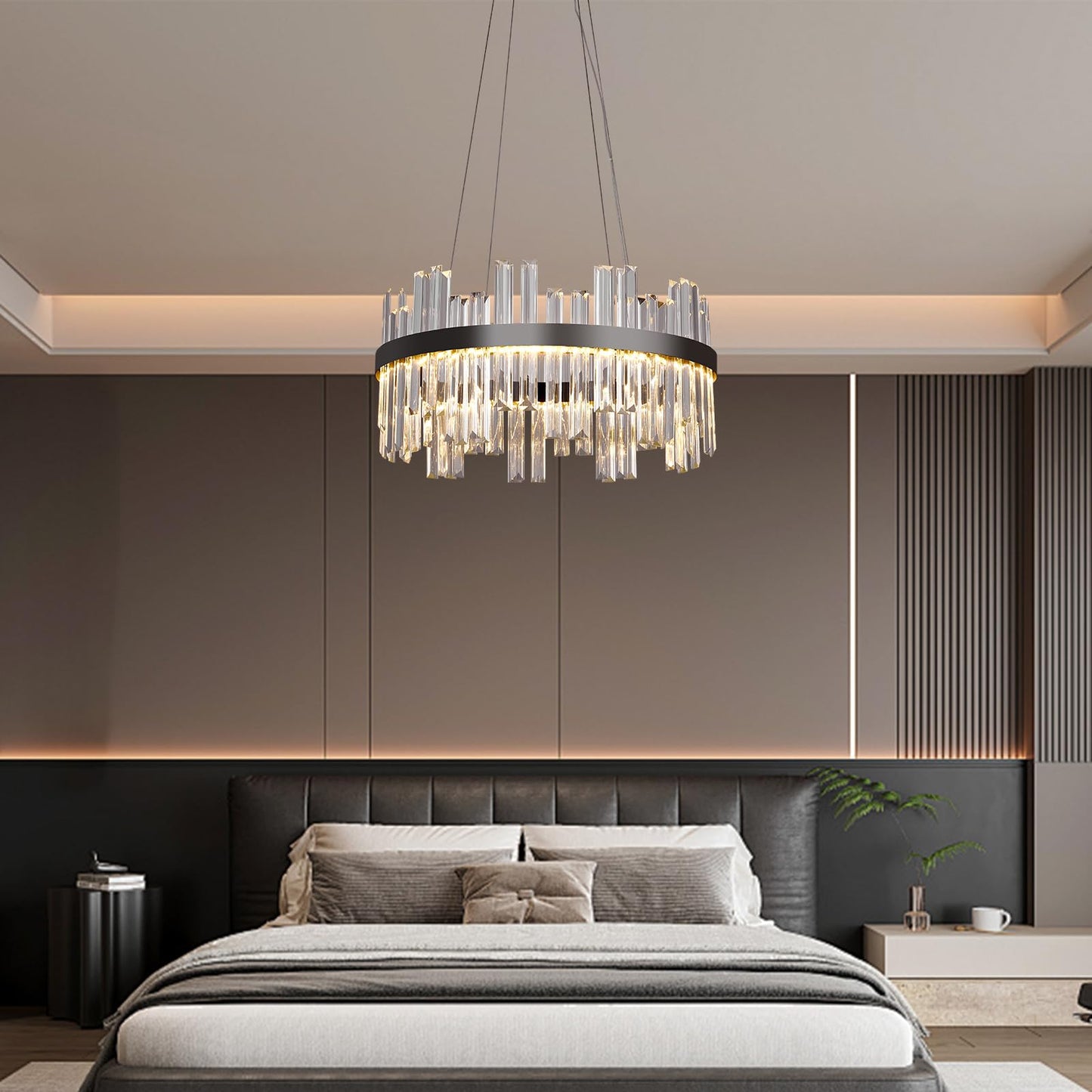 Black Led Modern Crystal Chandelier: 19.7 Round Contemporary 3 Color Dimmable Dining Room Light Fixture Over Table - Adjustable Lighting Chandeliers For Bedroom Living Kitchen Island Entryway Foyer