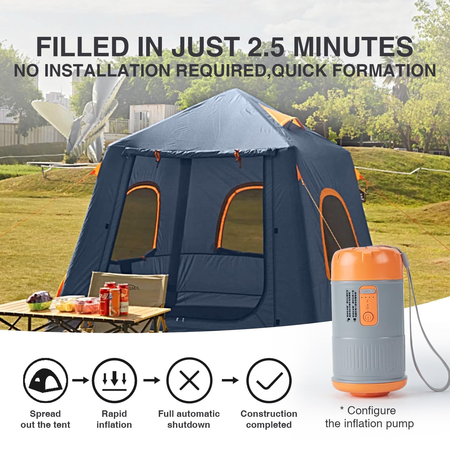 2-3 Person Inflatable Camping Tent, Waterproof Blow Up Tent with Electric Air Pump for Easy Inflation Setup, Portable Outdoor Glamping Tent for Adults Camping & Hiking,Grey