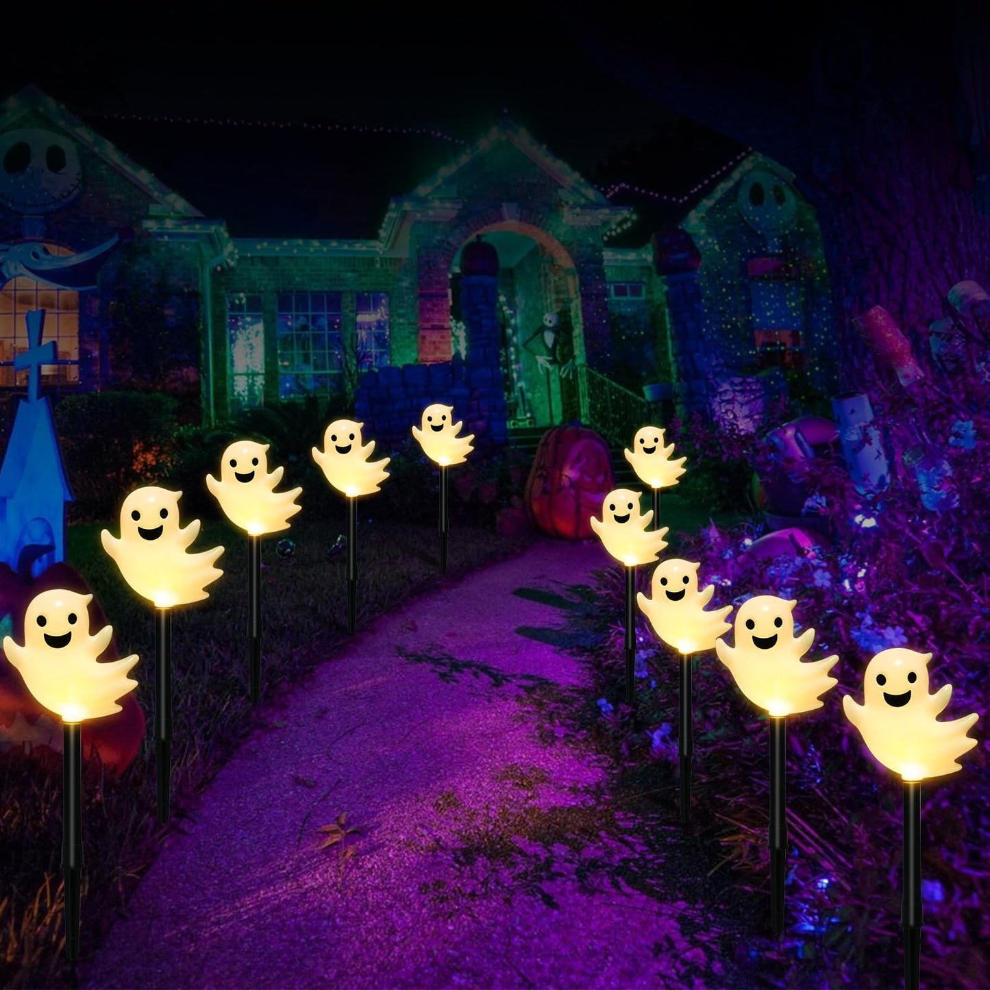 Solar Halloween Ghost Pathway Lights 10 Pack 3D Lighted Outdoor Stake Decorations Waterproof Led Yard And Garden Lights For Halloween Pathway Lawn Patio And Holiday Decor (Warm White)