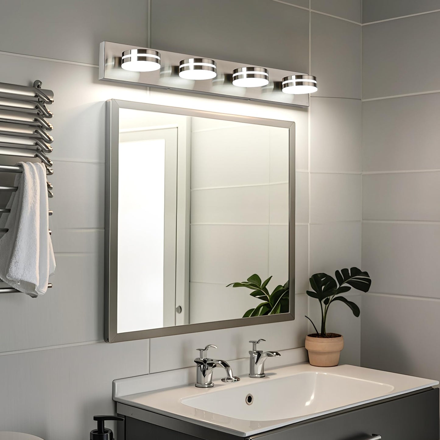 Bicrink Brushed Nickel Vanity Lights For Bathroom 4-Light Bathroom Light Fixtures Over Mirror Led Dimmable Bath Lighting Fixture Modern Wall Mounted Lighting Fixture