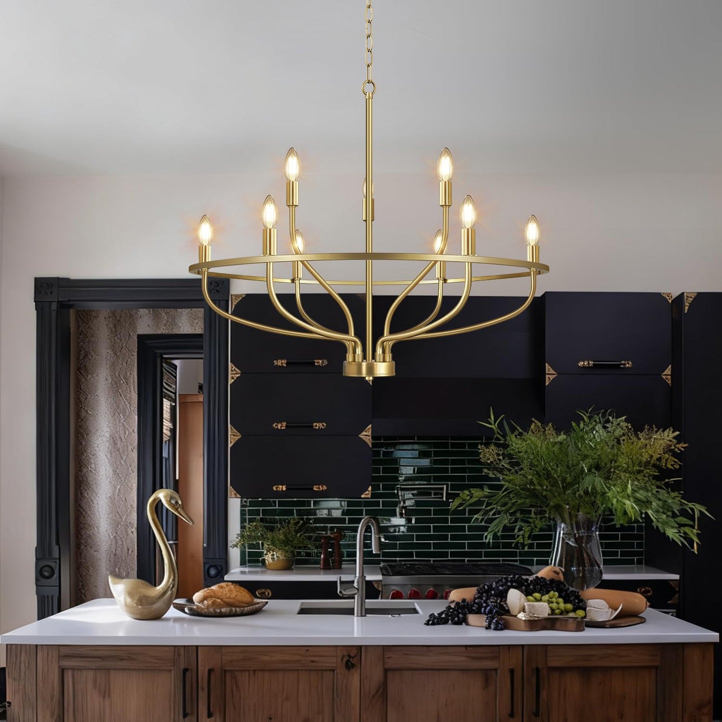 30 Gold Chandelier 9-Light Modern Farmhouse Chandelier For Dining Room Lighting Fixtures Hanging Candle Chandelier Light For Living Room Kitchen Island Bedroom And Entryway (Bulbs Not Included)