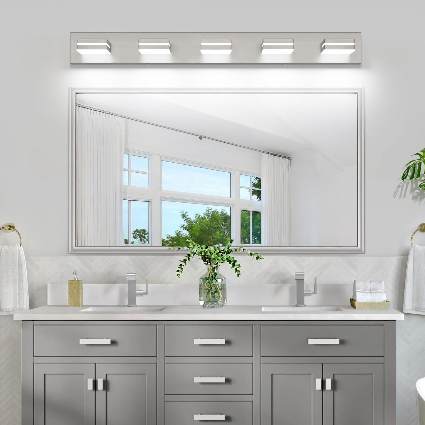 Sinerise Led Modern Bathroom Vanity Light Fixtures (5-Light 40-Inch Dimmable) Brushed Nickel Modern Acrylic Bathroom Wall Lighting Fixtures Over Mirror (Cool White 6000K)
