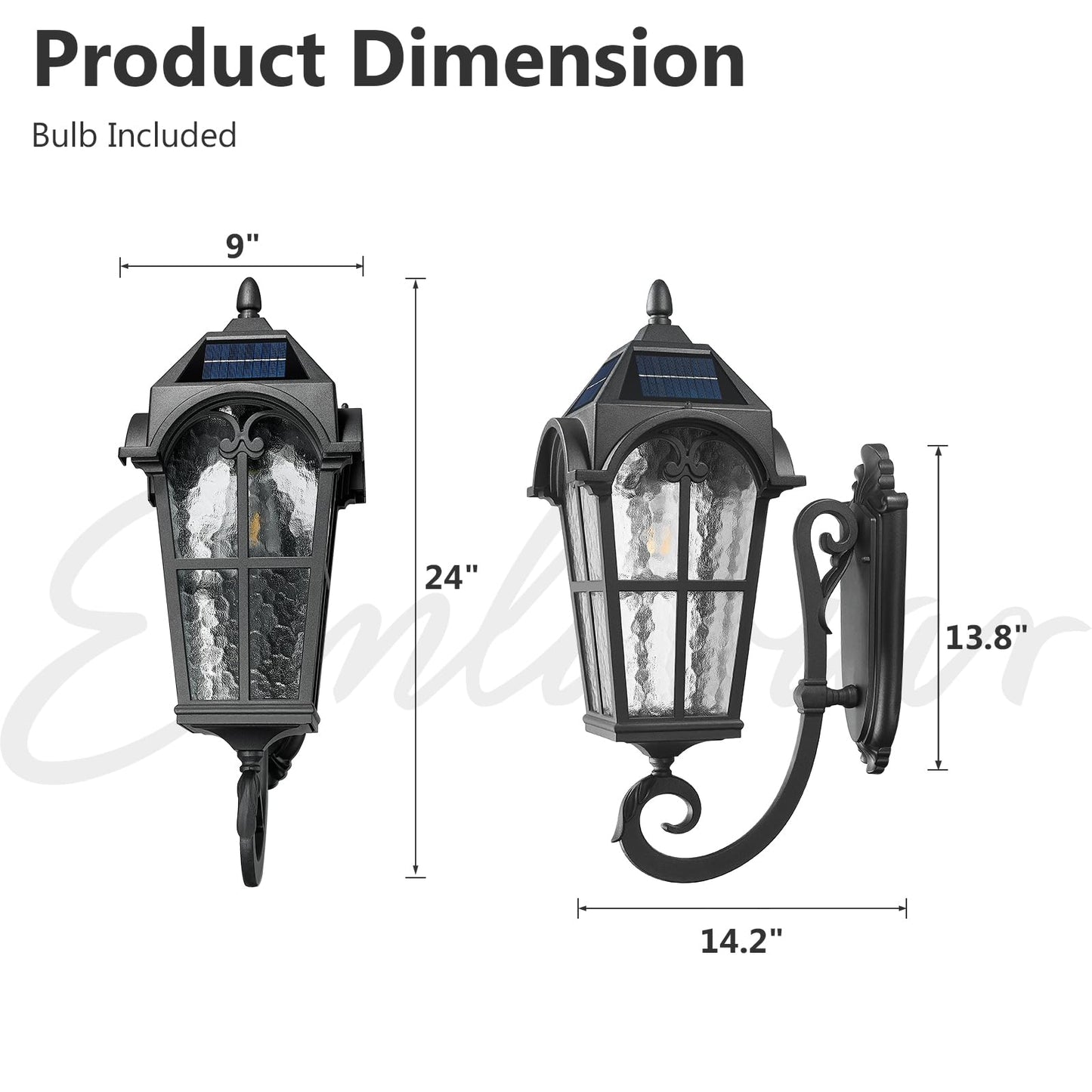 Emliviar Exterior Led Solar Wall Sconce With Remote Control 24 Front Door Wall Lantern With Water Glass Shade Waterproof Solar Black Wall Light With E26 Bulb Yxe302Mb-Sl Bk