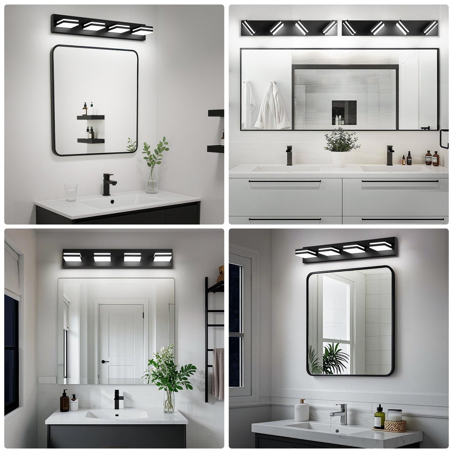 Jzekvn Modern Led Bathroom Lights Fixtures(4-Light) Metal Black Acrylic Wall Lighting Vanity Lights For Bathroom Over Mirror(6000K 27In