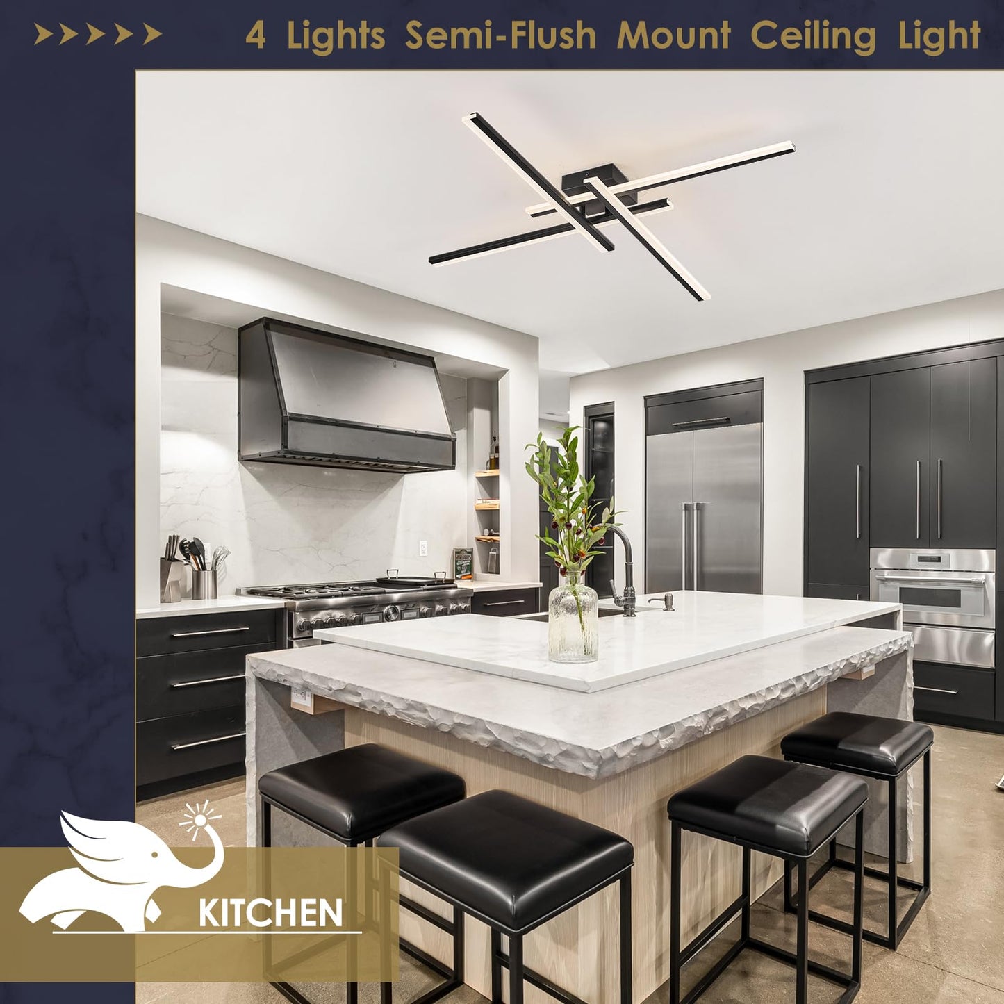 Airyphant Modern Led Chandelier 4-Lights Semi-Flush Mount Ceiling Lighting Fixture 35.4 Dimmable Remote Control Ceiling Light For Living Room Bedroom Kitchen Foyer 40W