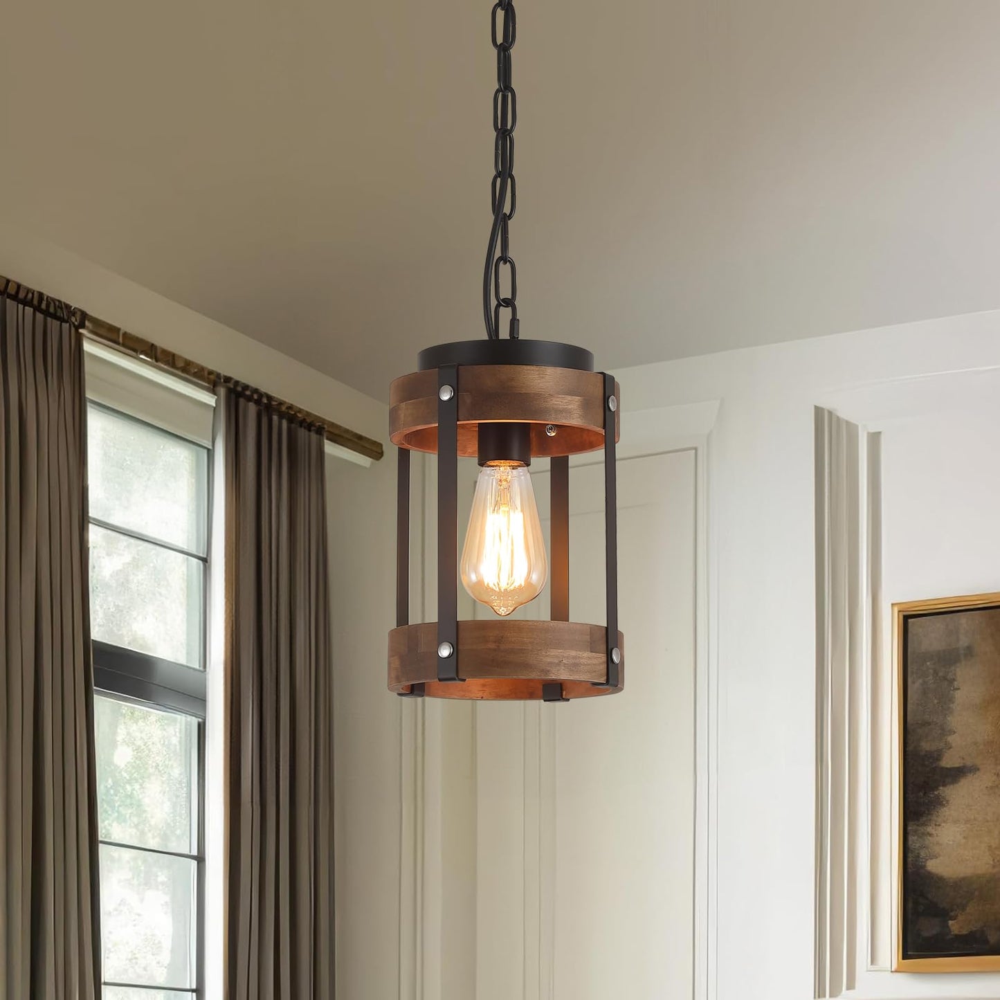 Rustic Farmhouse Wood Pendant Light Fixture One-Light Adjustable Chain Oak Wood And Metal Lantern Drum Small Pendant Lighting For Kitchen Island Sink Hallway Farmhouse Bathroom Bar Black