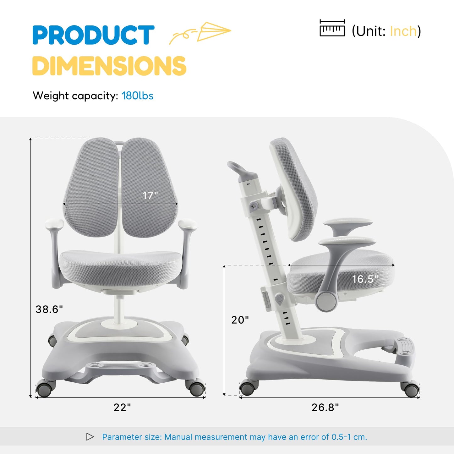 ERIYA Kids Desk Chair,Ergonomic Chair: Height-Adjustable, Double Back Support – Multifunctional for Study/Work/Dining | Ideal for Kids, Petite Adults – Ultra-Comfy (Bedrooms, Schools, Offices)(Grey)
